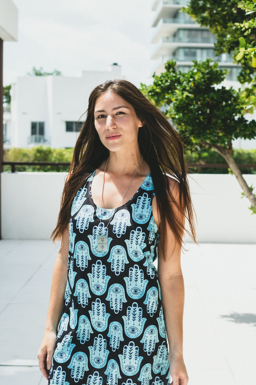 Hannah Bright Turquoise Hamsa Pattern Women's Cut & Sew Racerback Dres Olam Tova Hannah Bright Turquoise Hamsa Pattern Women's Cut & Sew Racerback Dres Olam Tova