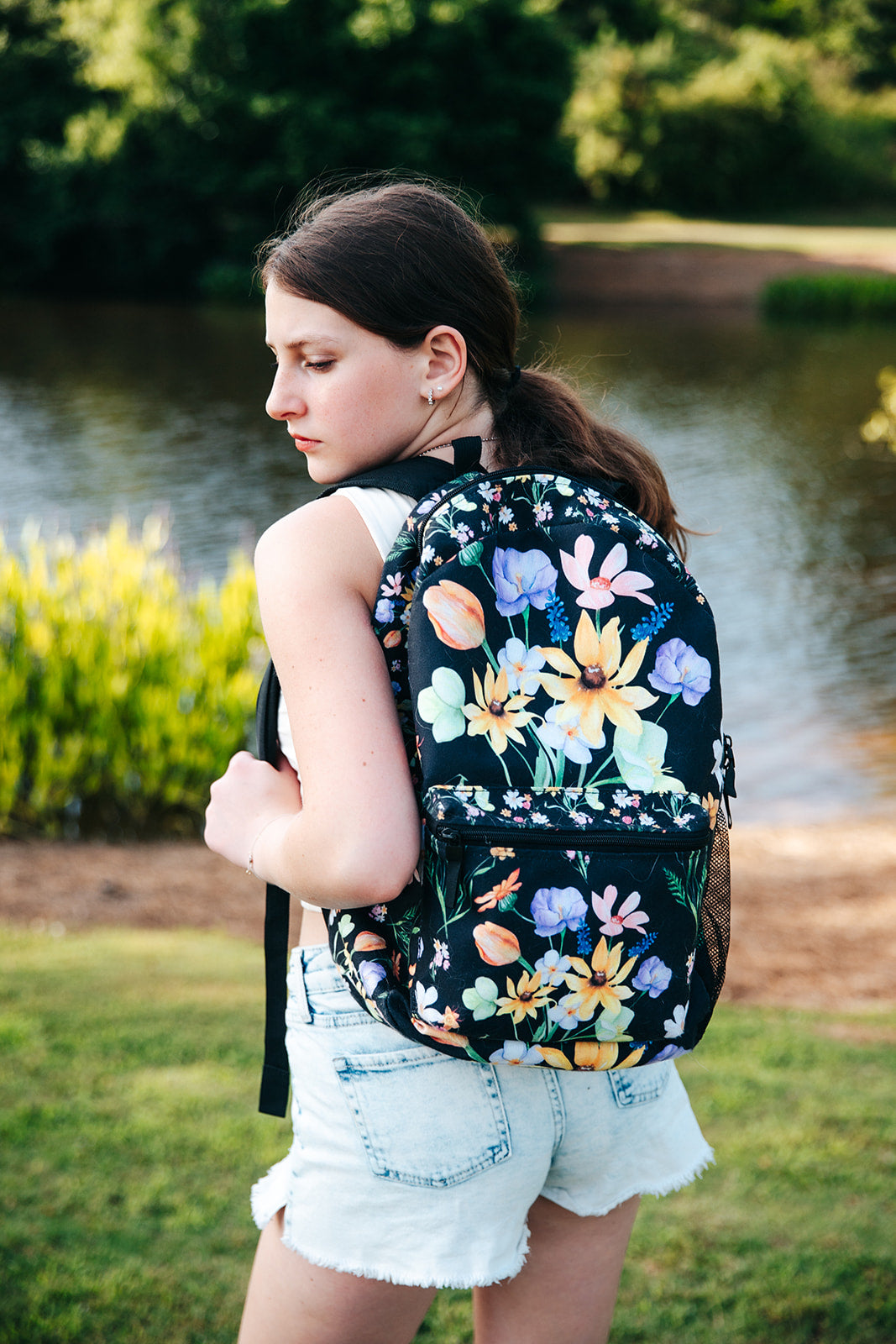black floral leather flap backpack Yvonne Floral Pattern on Black Backpack – Olam Tova