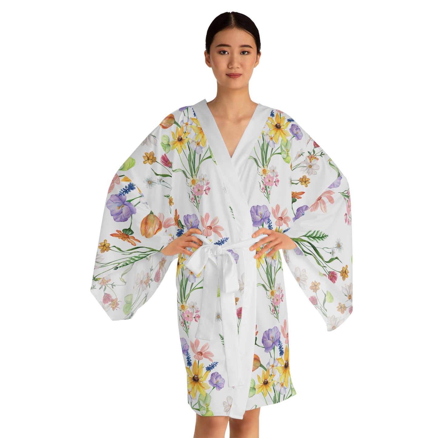 Yvonne Floral Pattern on White Long Sleeve Kimono Robe