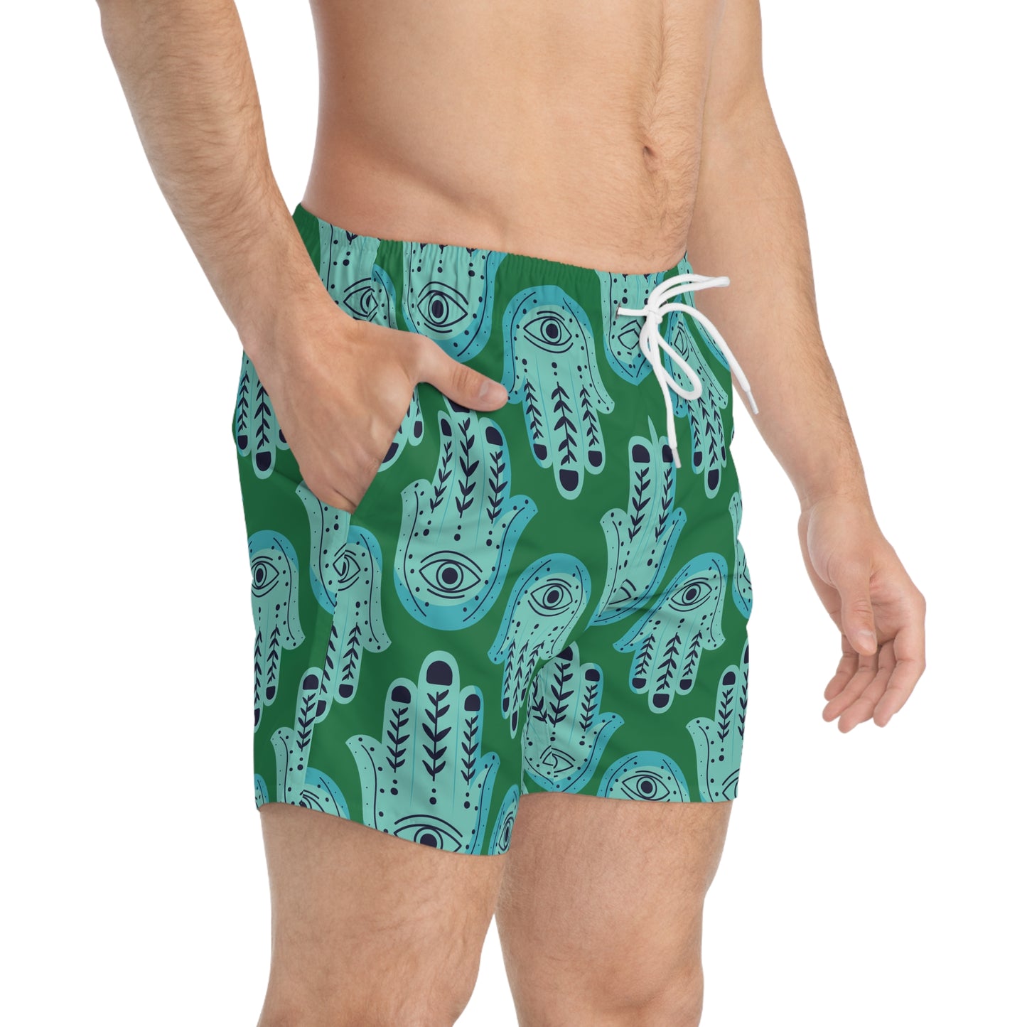 Hannah Bright Turquoise Hamsa Pattern on Dark Green Swim Trunks