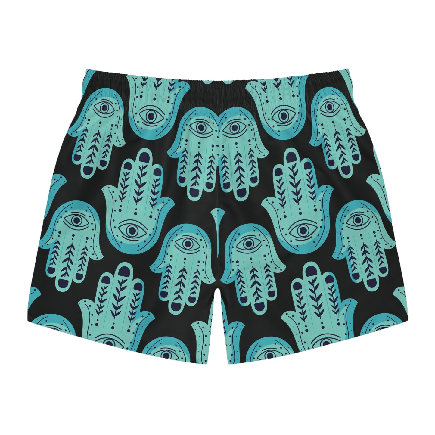 Hannah Bright Turquoise Hamsa Pattern on Black Swim Trunks