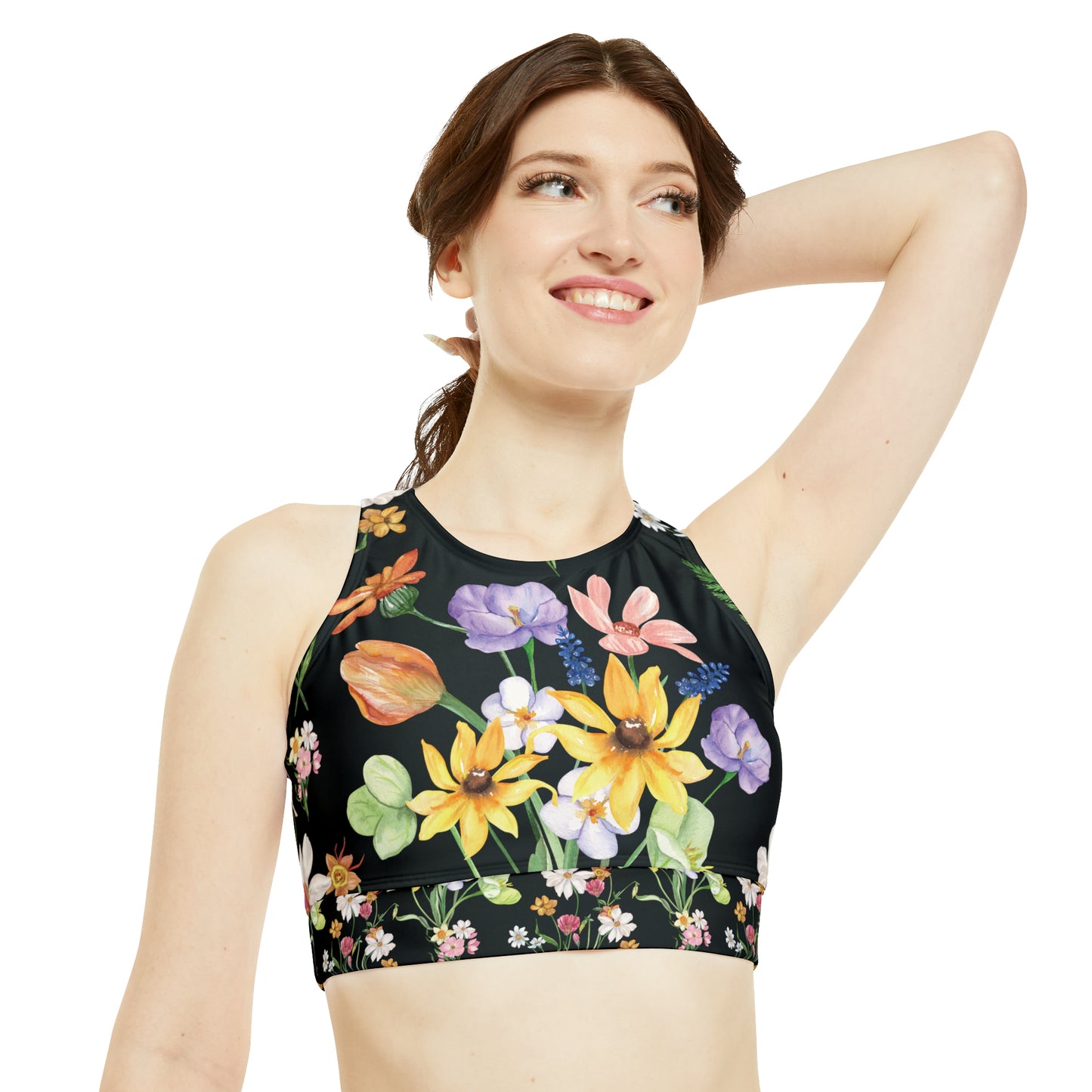 Yvonne Floral Pattern on Black High Neck Crop Waterproof Sports Top