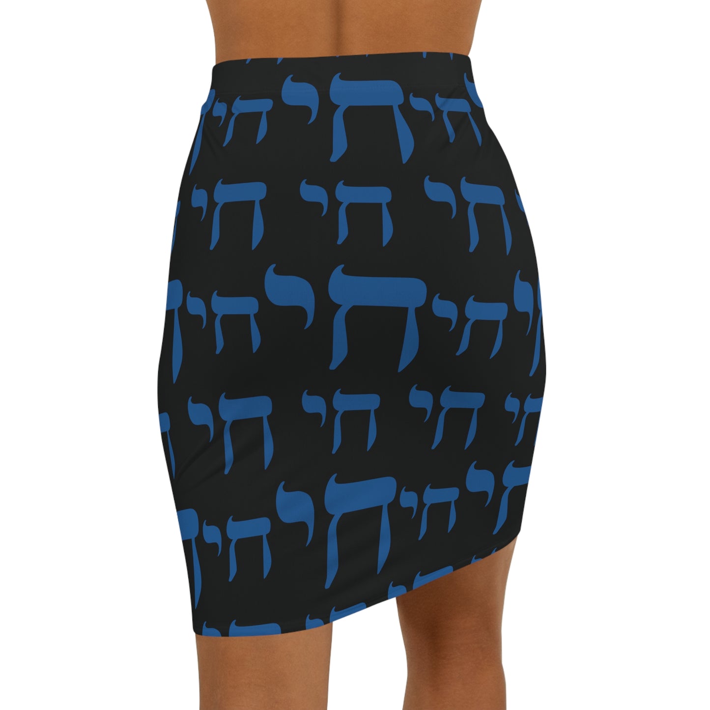 Chaim Double Chai Pattern on Black Women's Mid-Waist Pencil Skirt