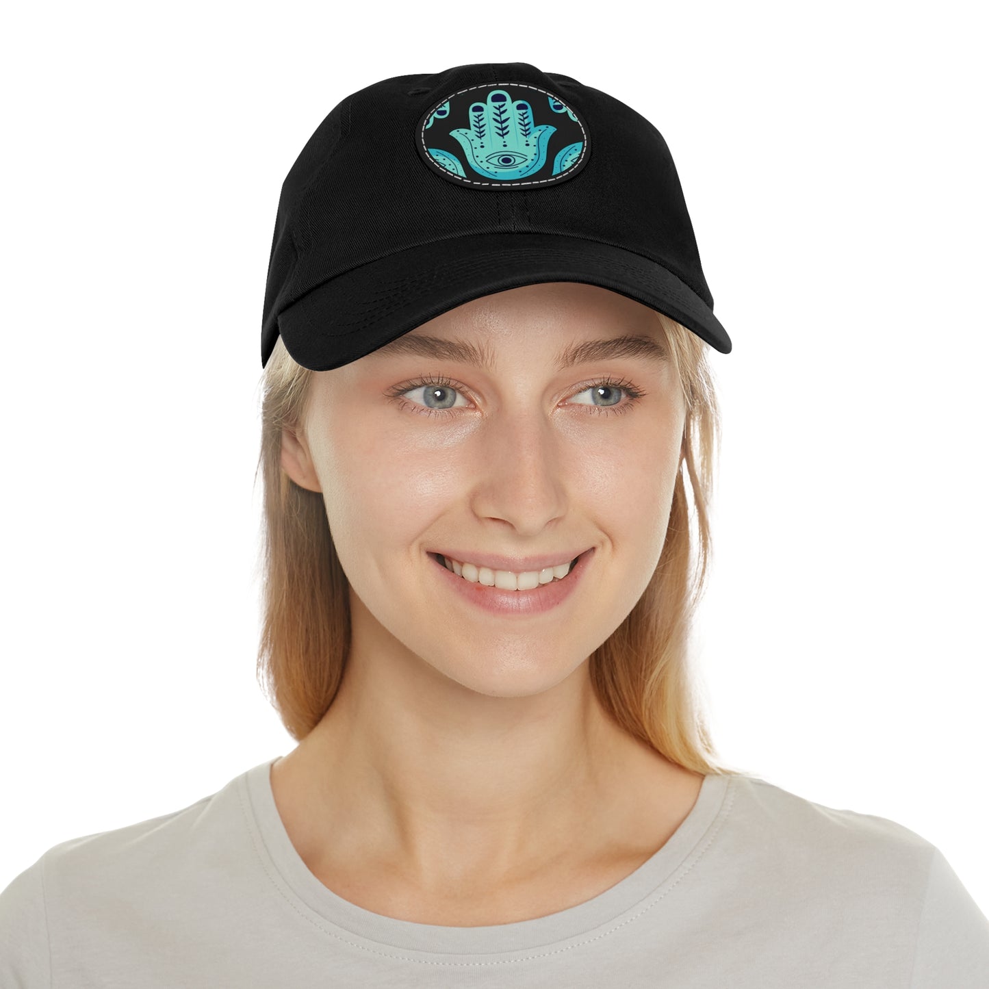 Hannah Bright Turquoise Hamsa Pattern Dad Hat with Leather Patch