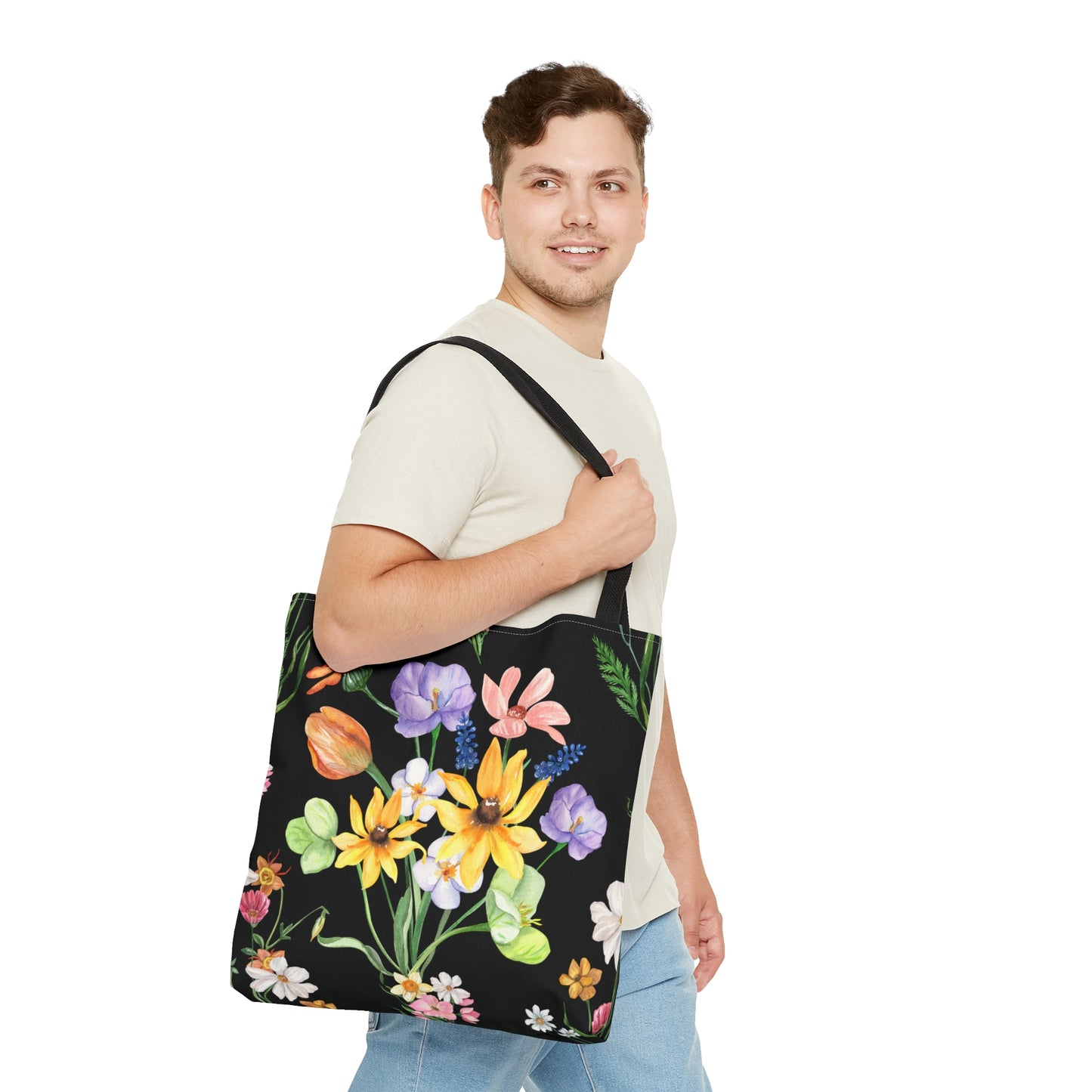 Yvonne Floral Pattern on Black Tote Bag