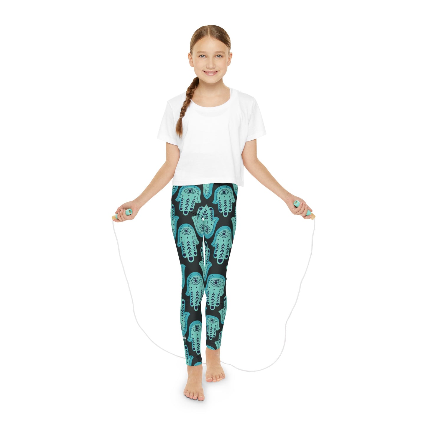 Hannah Bright Turquoise Hamsa Pattern Youth Full-Length Leggings