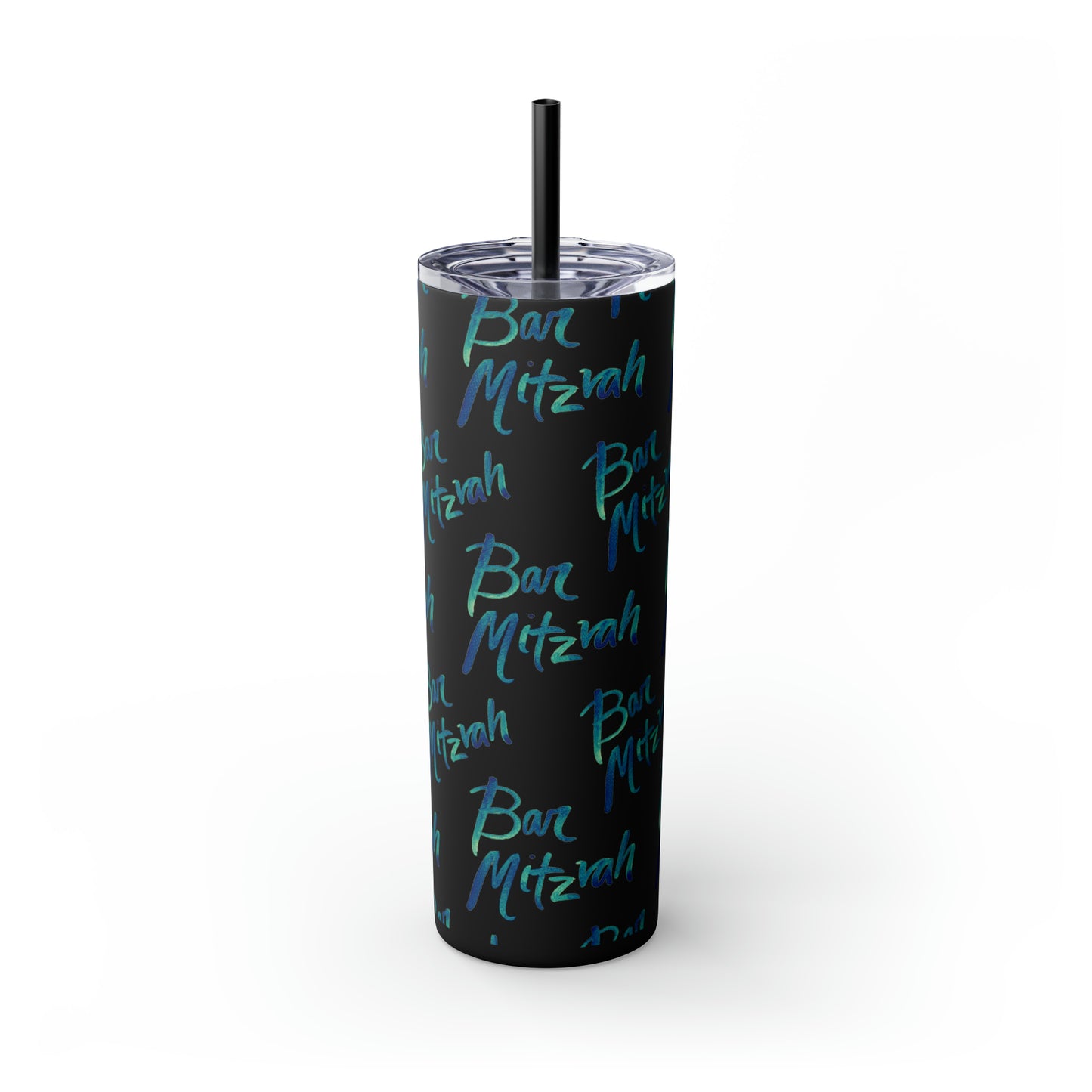 Ben Turquoise & Green Ombre Bar Mitzvah Pattern Skinny Tumbler with Straw, 20oz