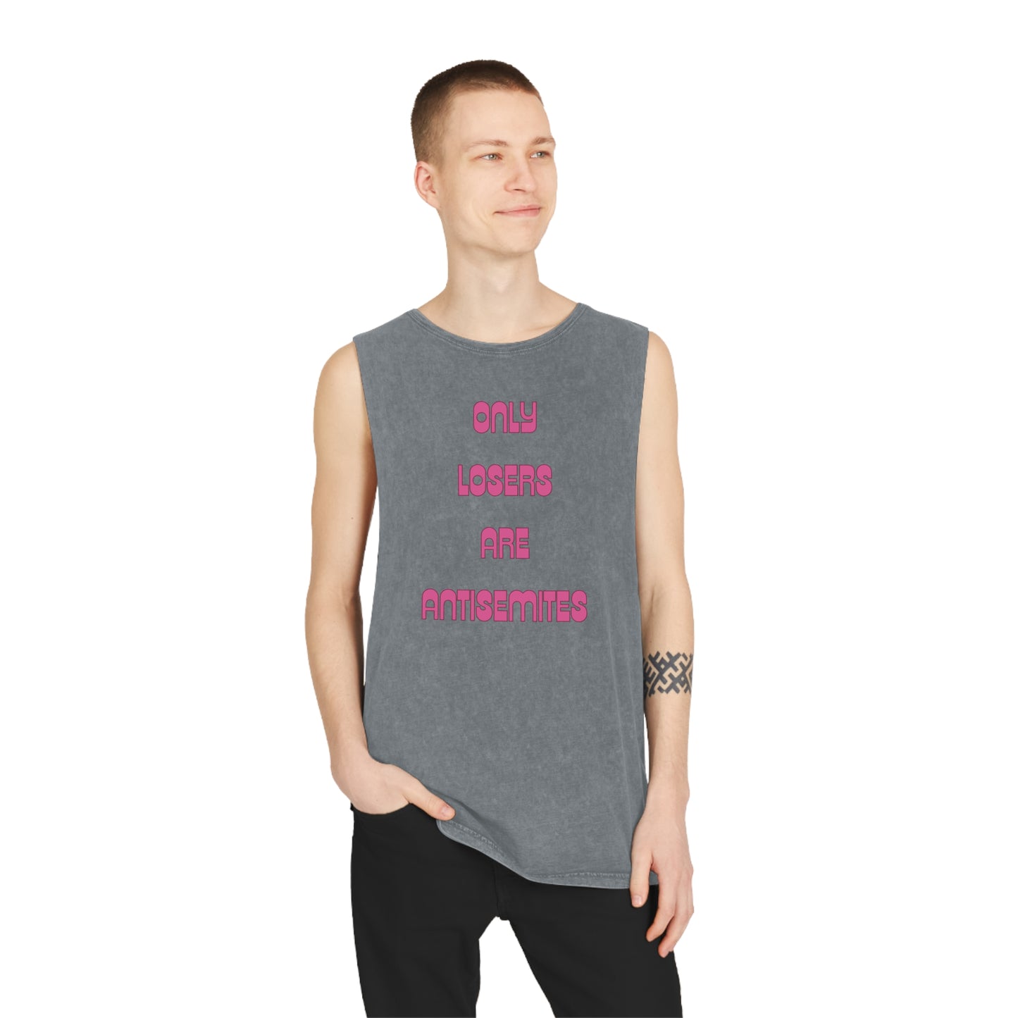 Only Losers Are Antisemites Pink Retro Unisex Stonewash Tank Top