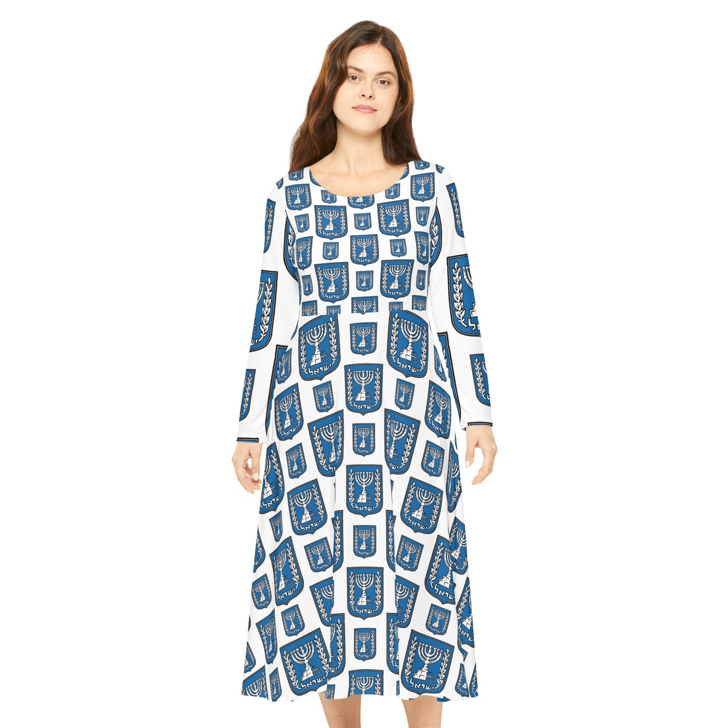 Israel Turq Stamp Pattern on White Women's Long Sleeve Dance Dress