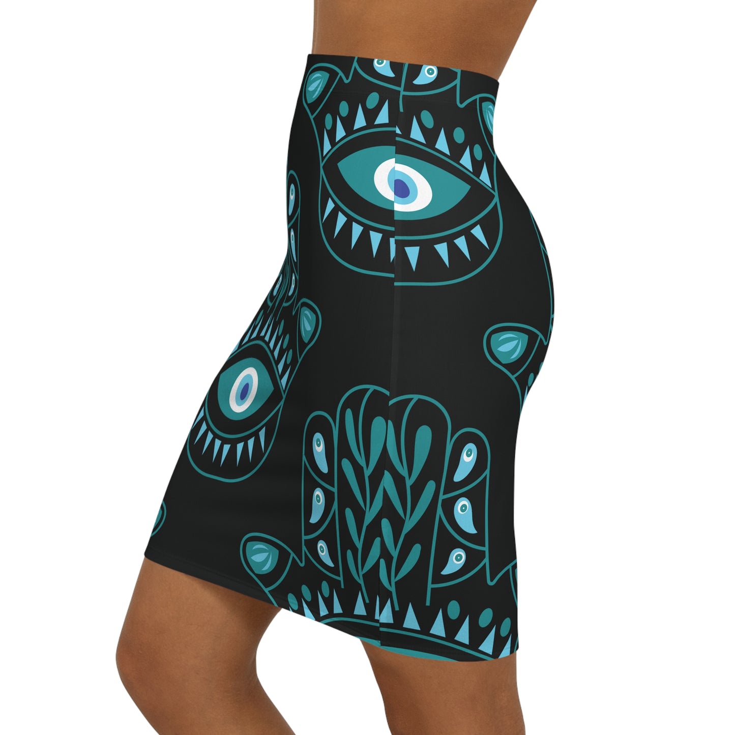 Hyman Turquoise Hamsa Pattern on Black Women's Mini Skirt