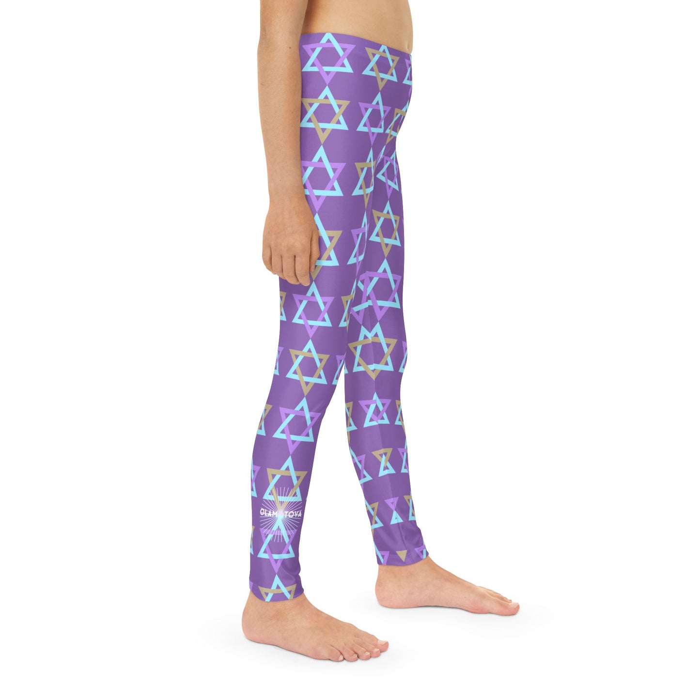 David Beige, Purple, & Light Blue Magan David Pattern on Purple Youth Full-Length Leggings