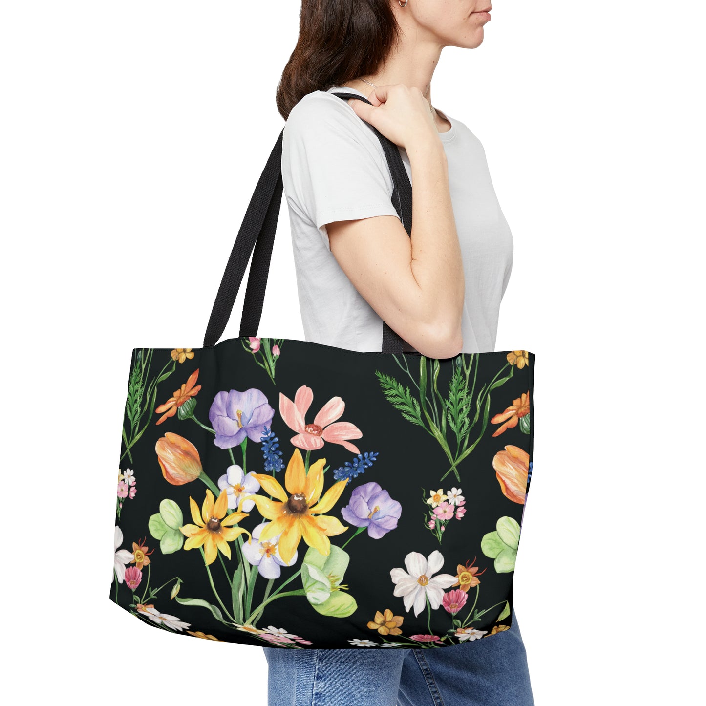 Yvonne Floral Pattern on Black Weekender Tote Bag