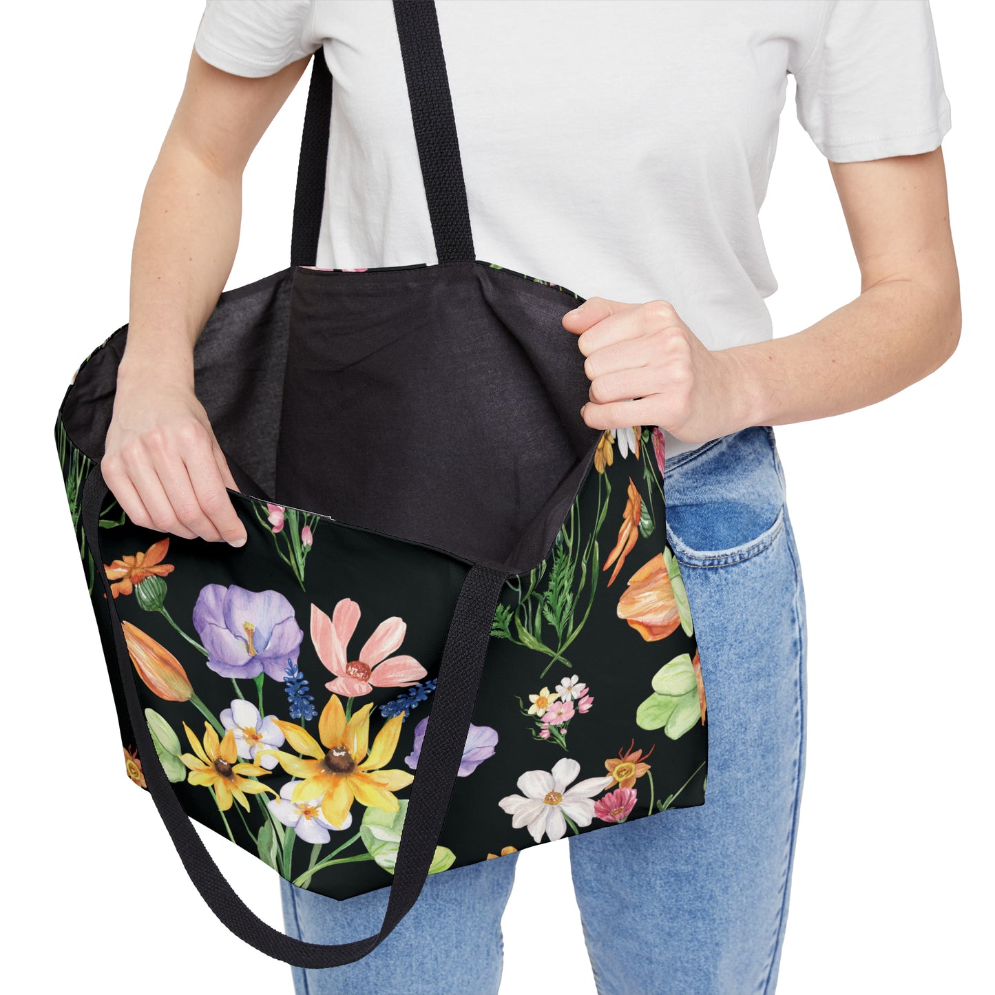 Yvonne Floral Pattern on Black Weekender Tote Bag