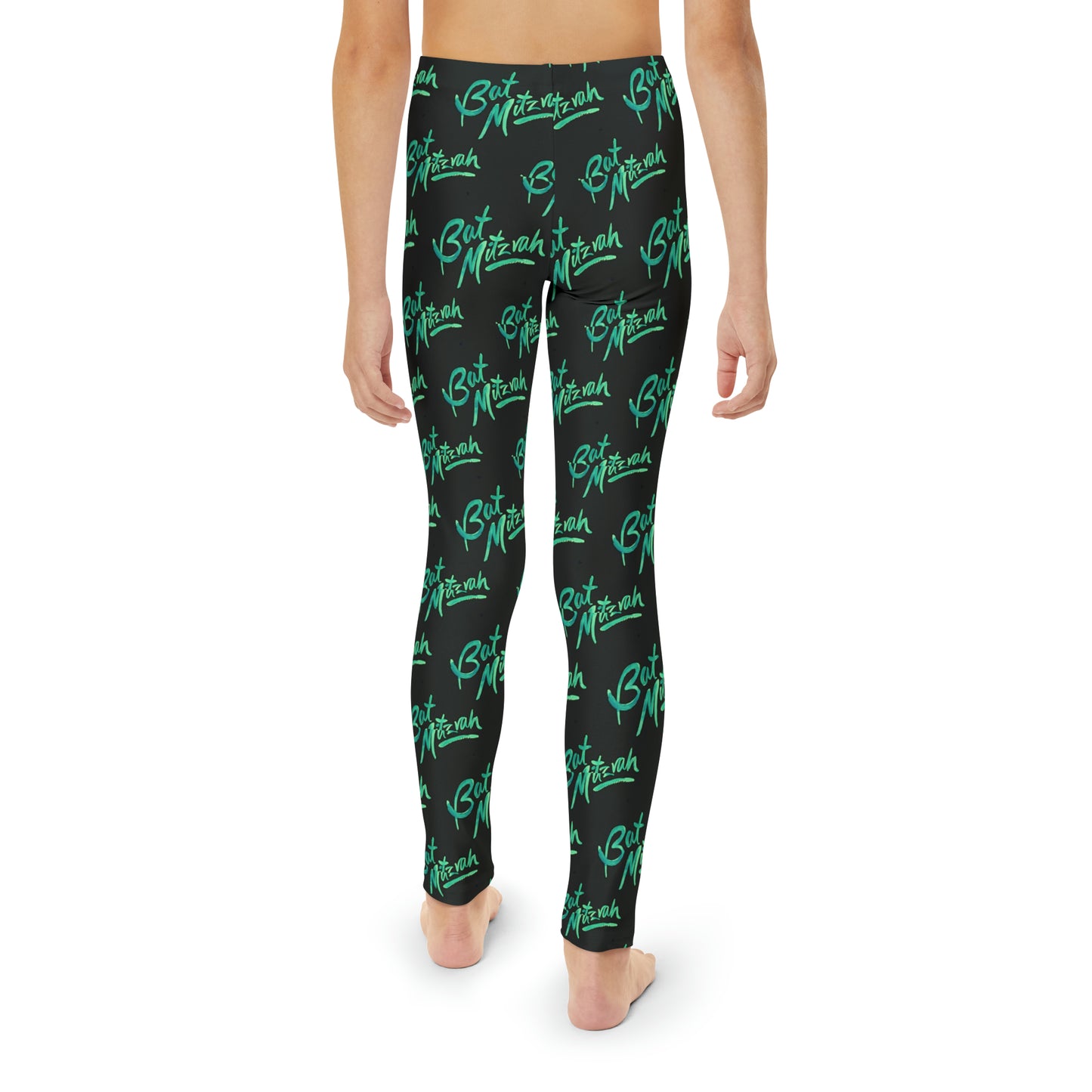 Batya Green Bat Mitzvah Pattern on Black Youth Full-Length Leggings