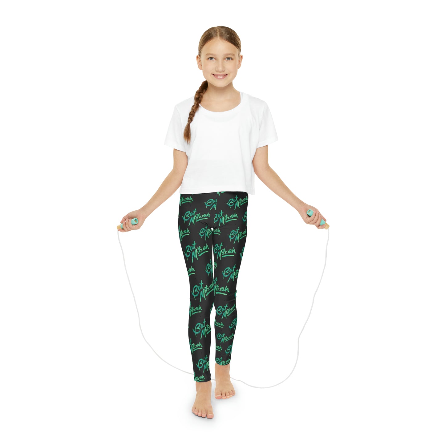 Batya Green Bat Mitzvah Pattern on Black Youth Full-Length Leggings