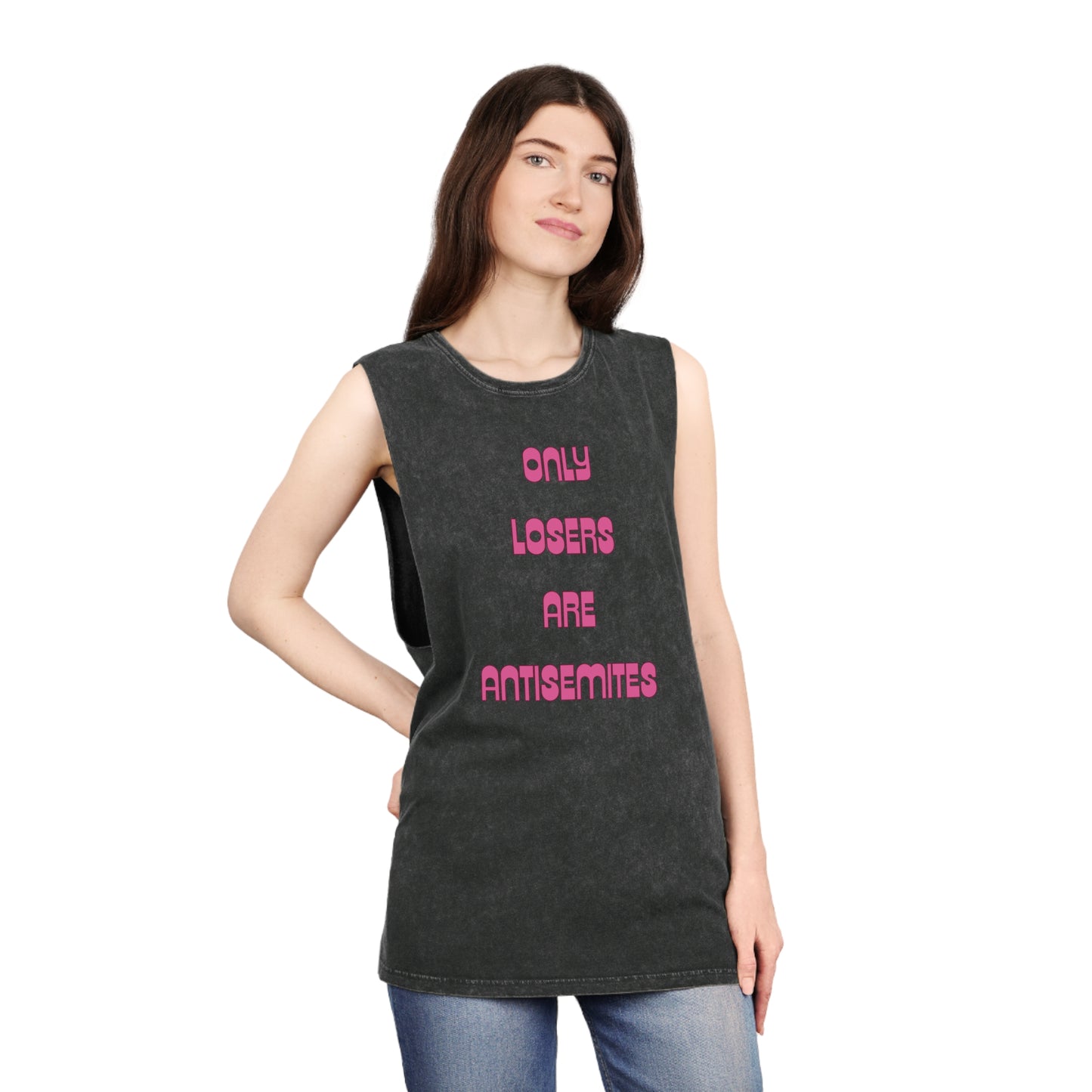 Only Losers Are Antisemites Pink Retro Unisex Stonewash Tank Top