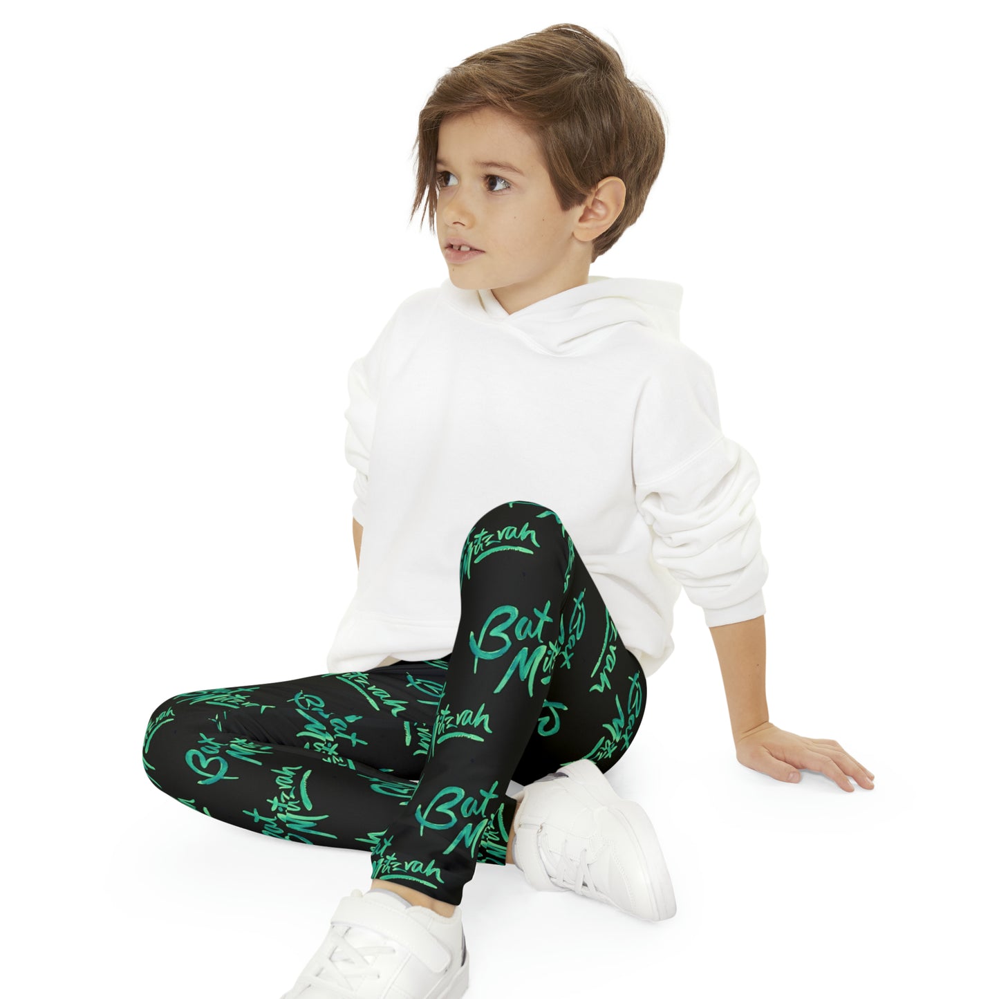 Batya Green Bat Mitzvah Pattern on Black Youth Full-Length Leggings