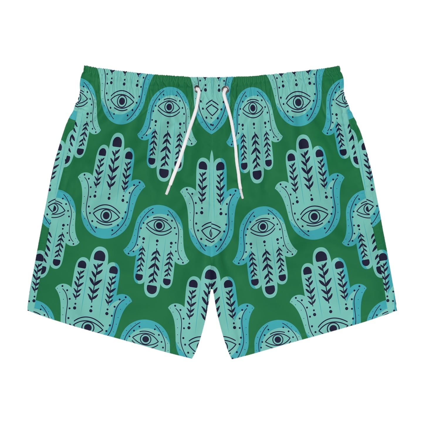 Hannah Bright Turquoise Hamsa Pattern on Dark Green Swim Trunks