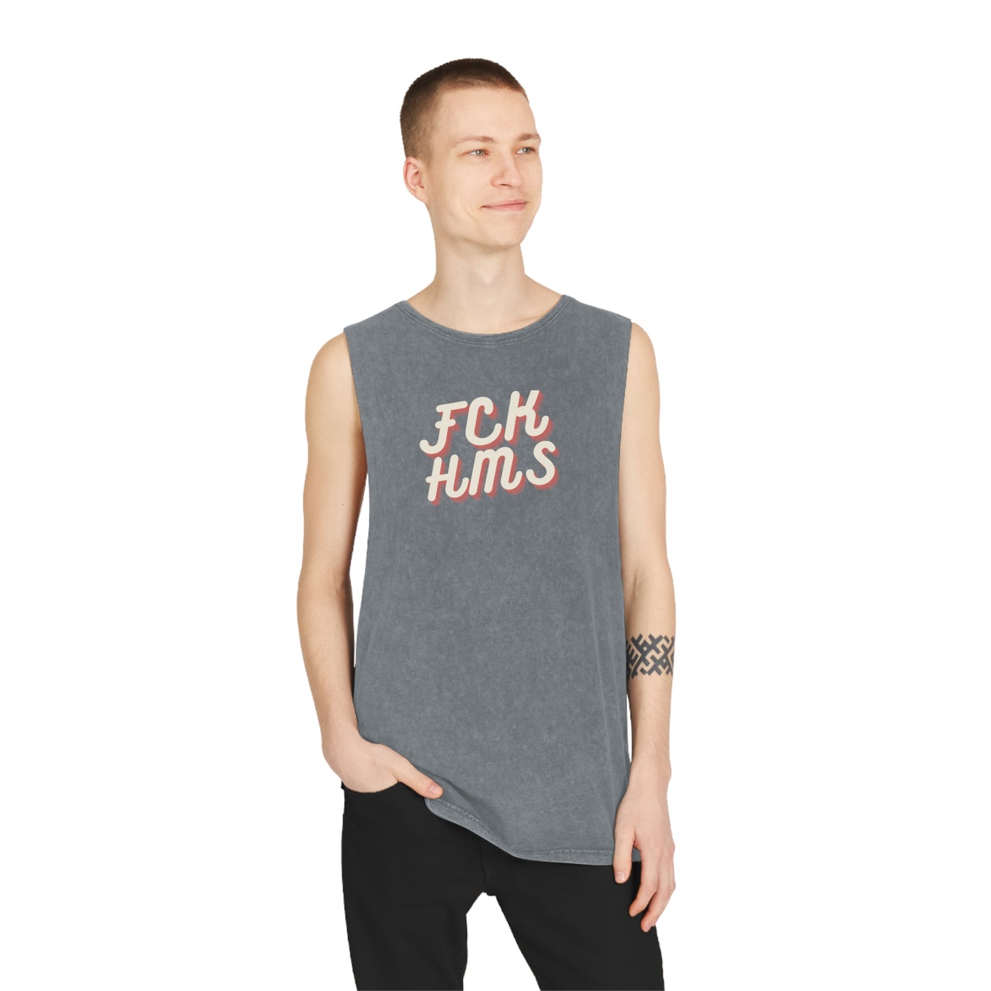 FCK HMS Script Tan & Orange Unisex Stonewash Tank Top