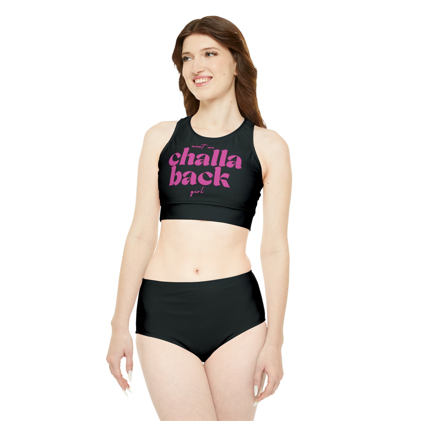 Aint No Challa Back Girl Hot Pink on Black Sporty Bikini Set