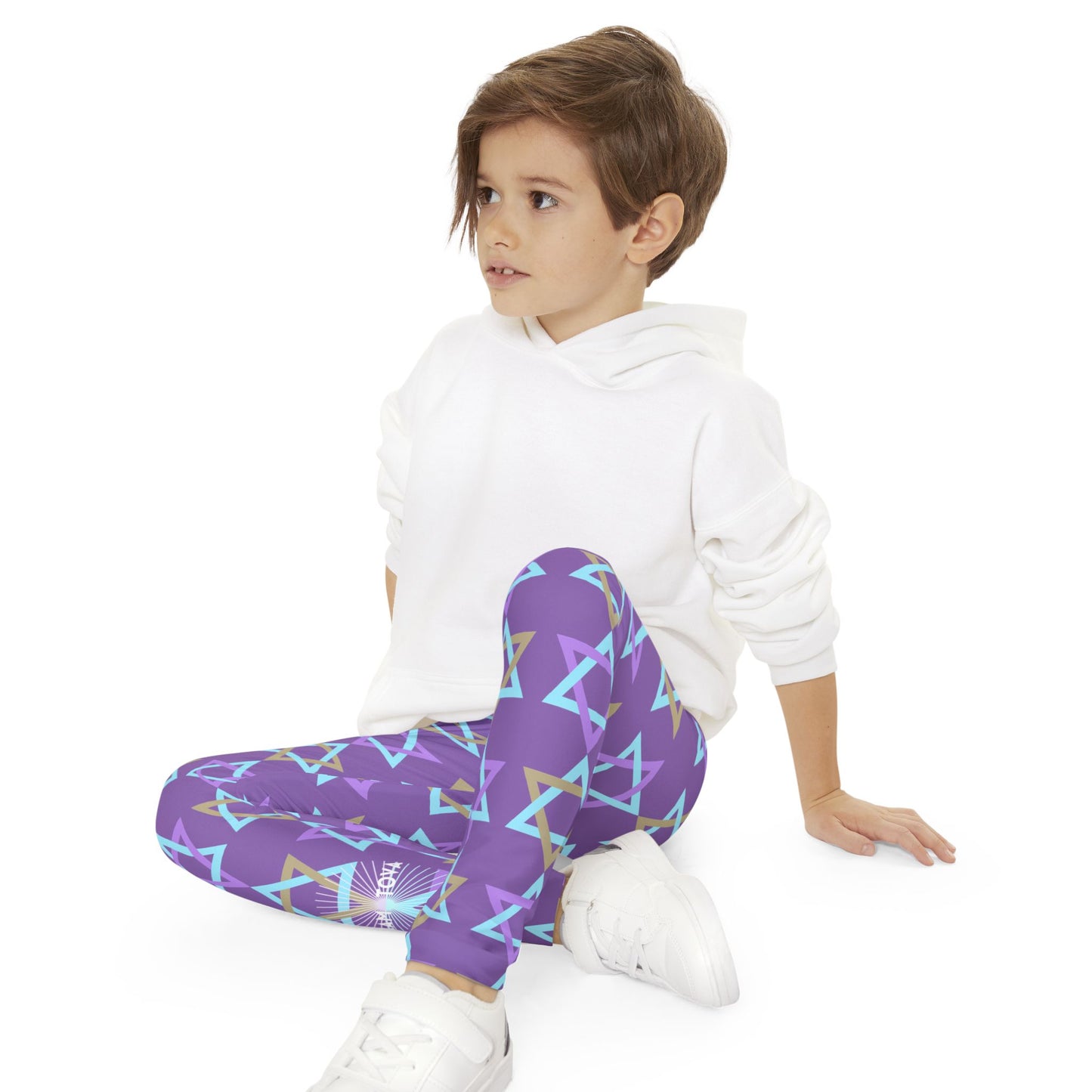 David Beige, Purple, & Light Blue Magan David Pattern on Purple Youth Full-Length Leggings