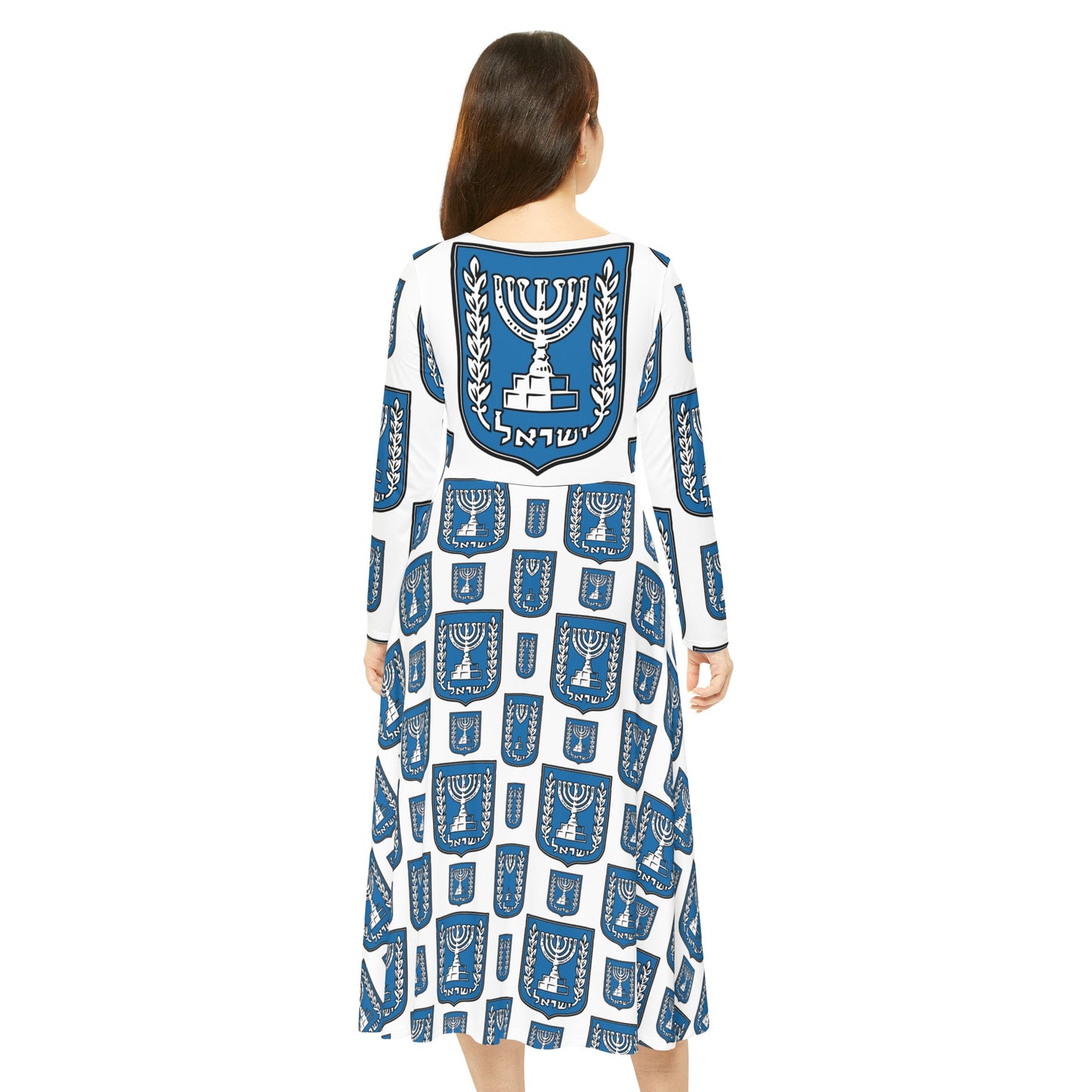 Israel Turq Stamp Pattern on White Women's Long Sleeve Dance Dress