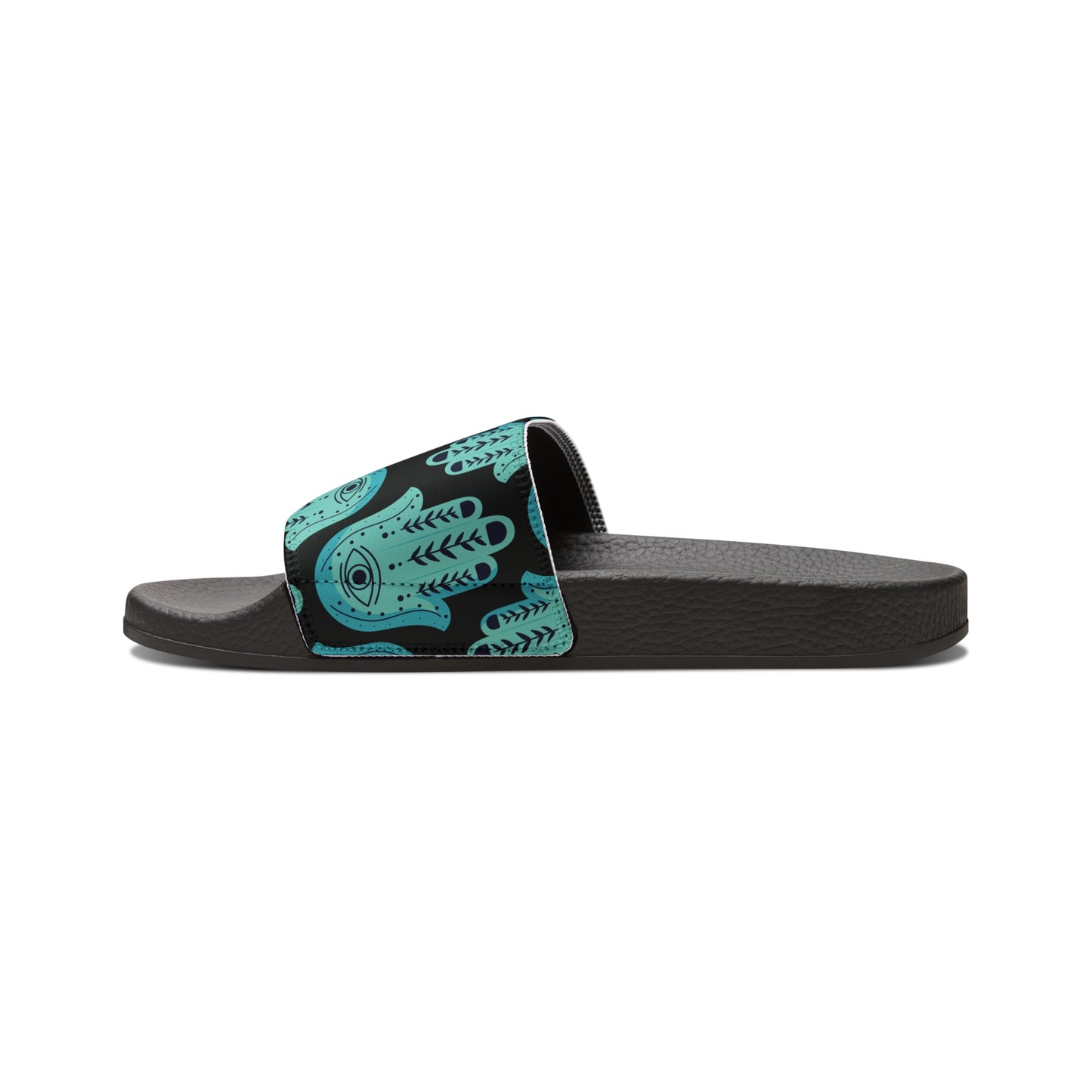 Hannah Bright Turquoise Hamsa Pattern on Black Youth PU Slide Sandals