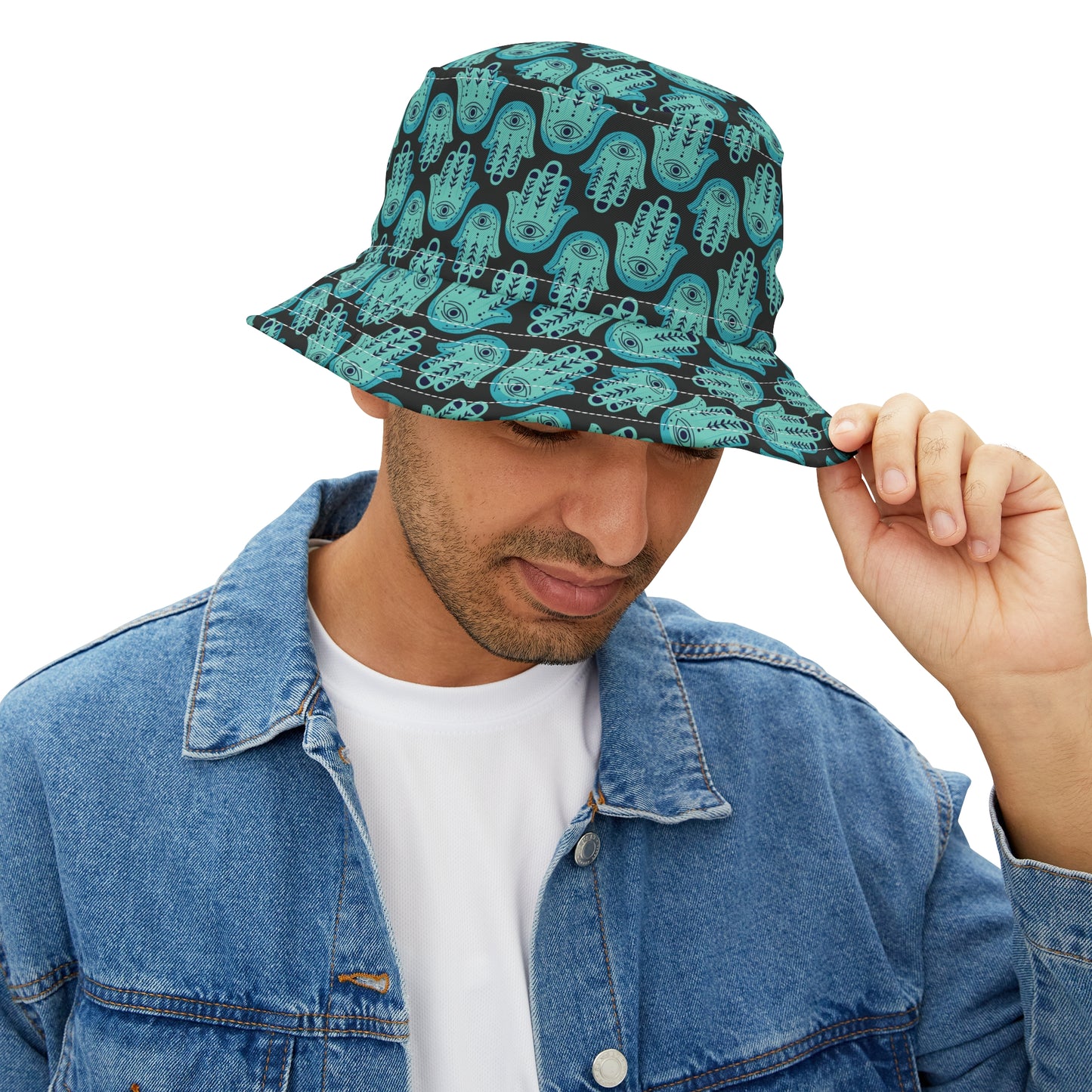 Hannah Bright Turquoise Hamsa Pattern Bucket Hat