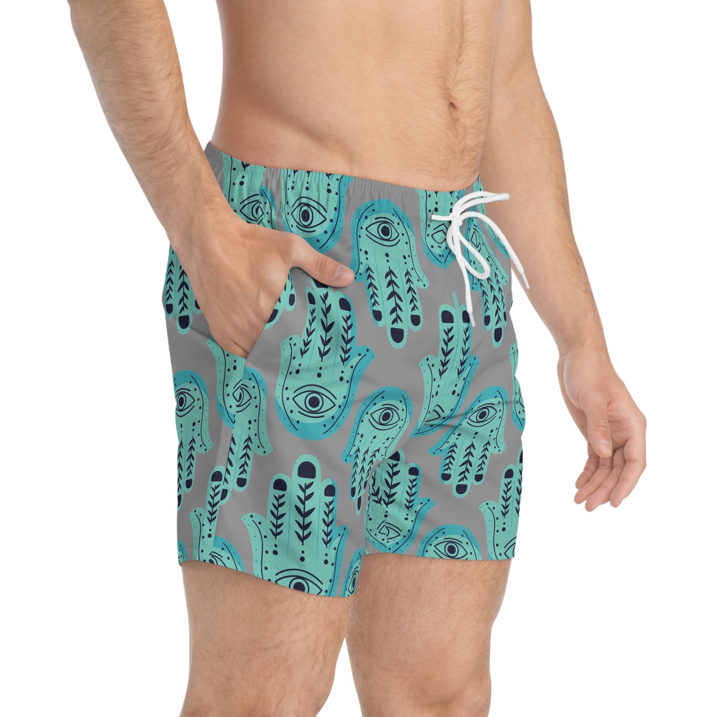 Hannah Bright Turquoise Hamsa Pattern on Grey Swim Trunks