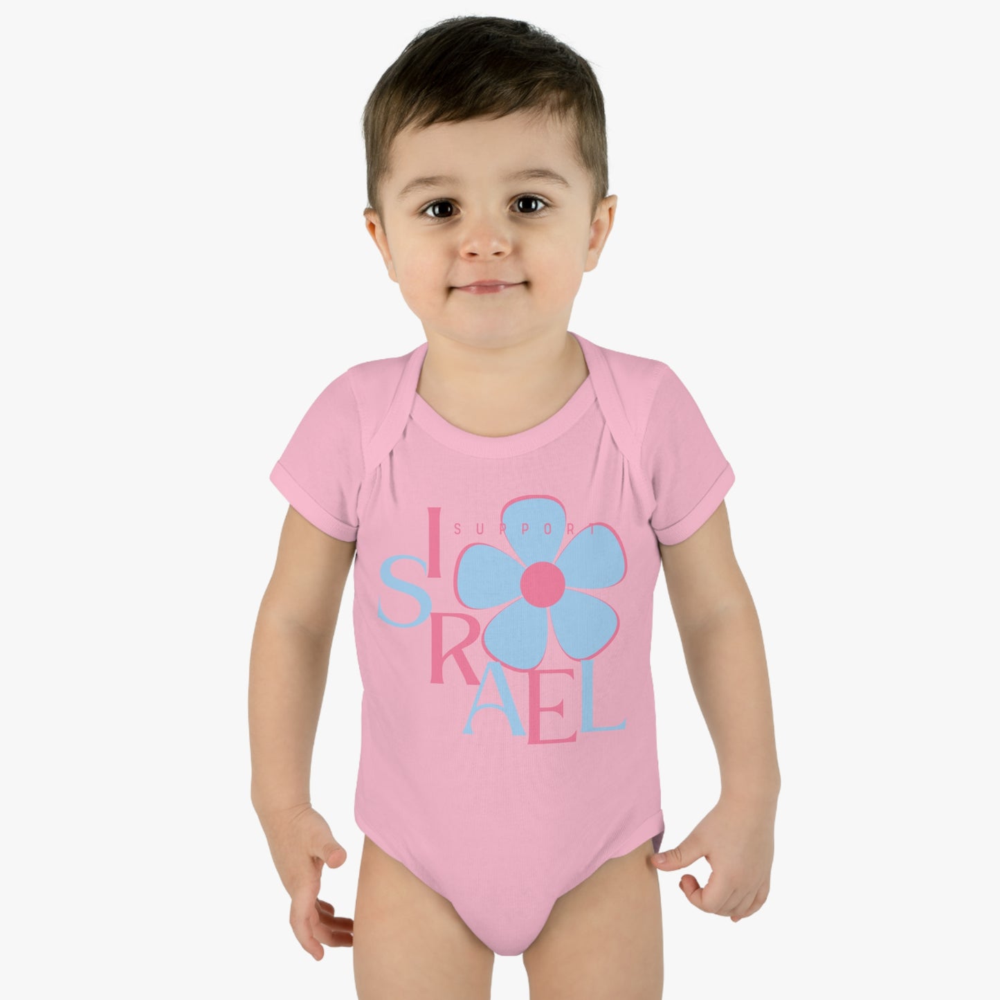 Isa Pink & Blue Support Israel Flower Infant Baby Rib Bodysuit