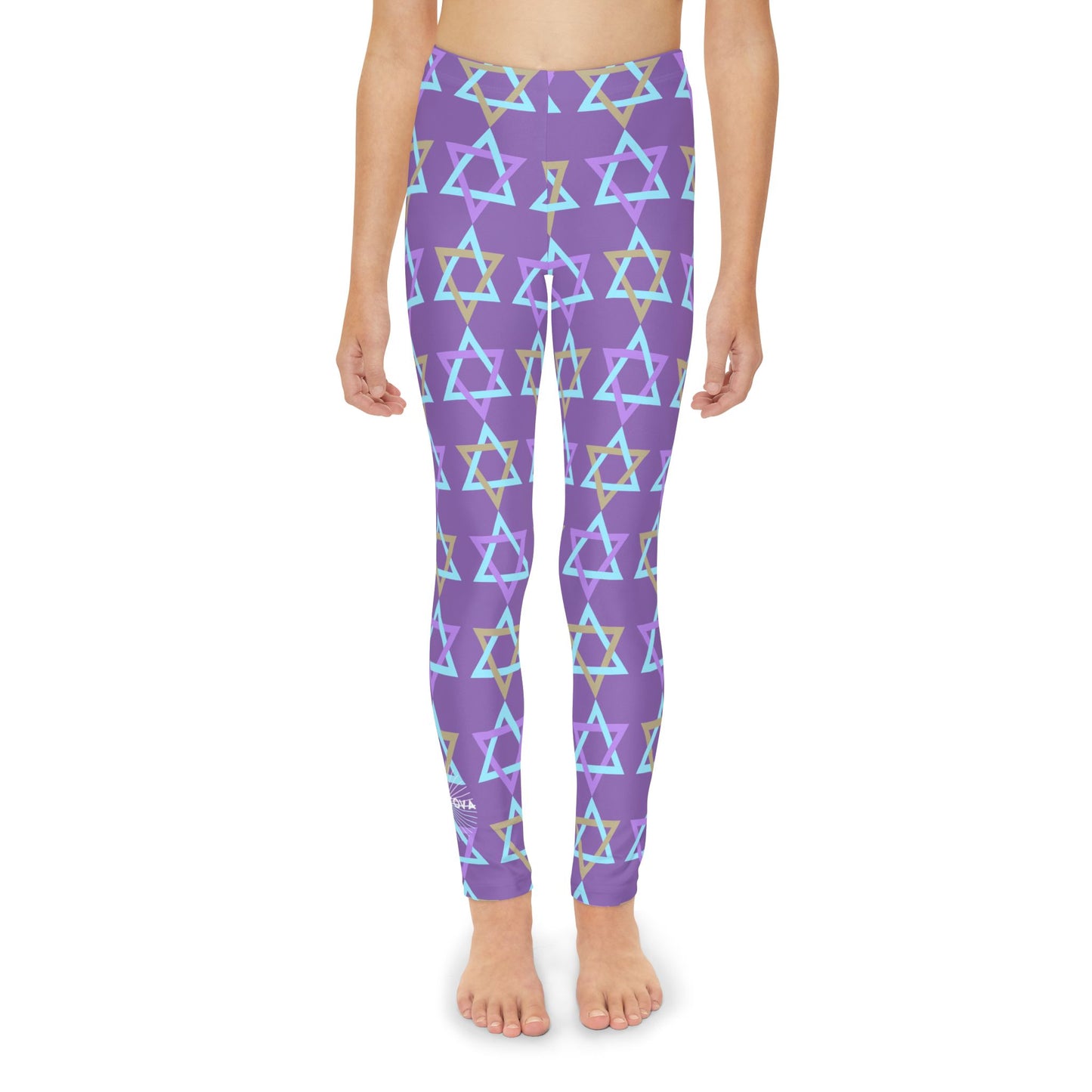 David Beige, Purple, & Light Blue Magan David Pattern on Purple Youth Full-Length Leggings