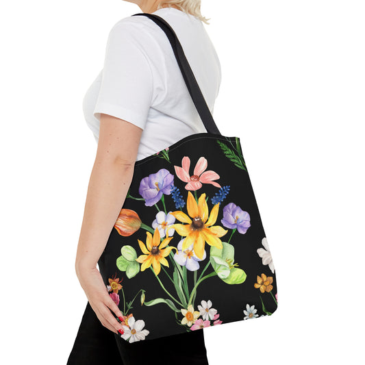 Yvonne Floral Pattern on Black Tote Bag