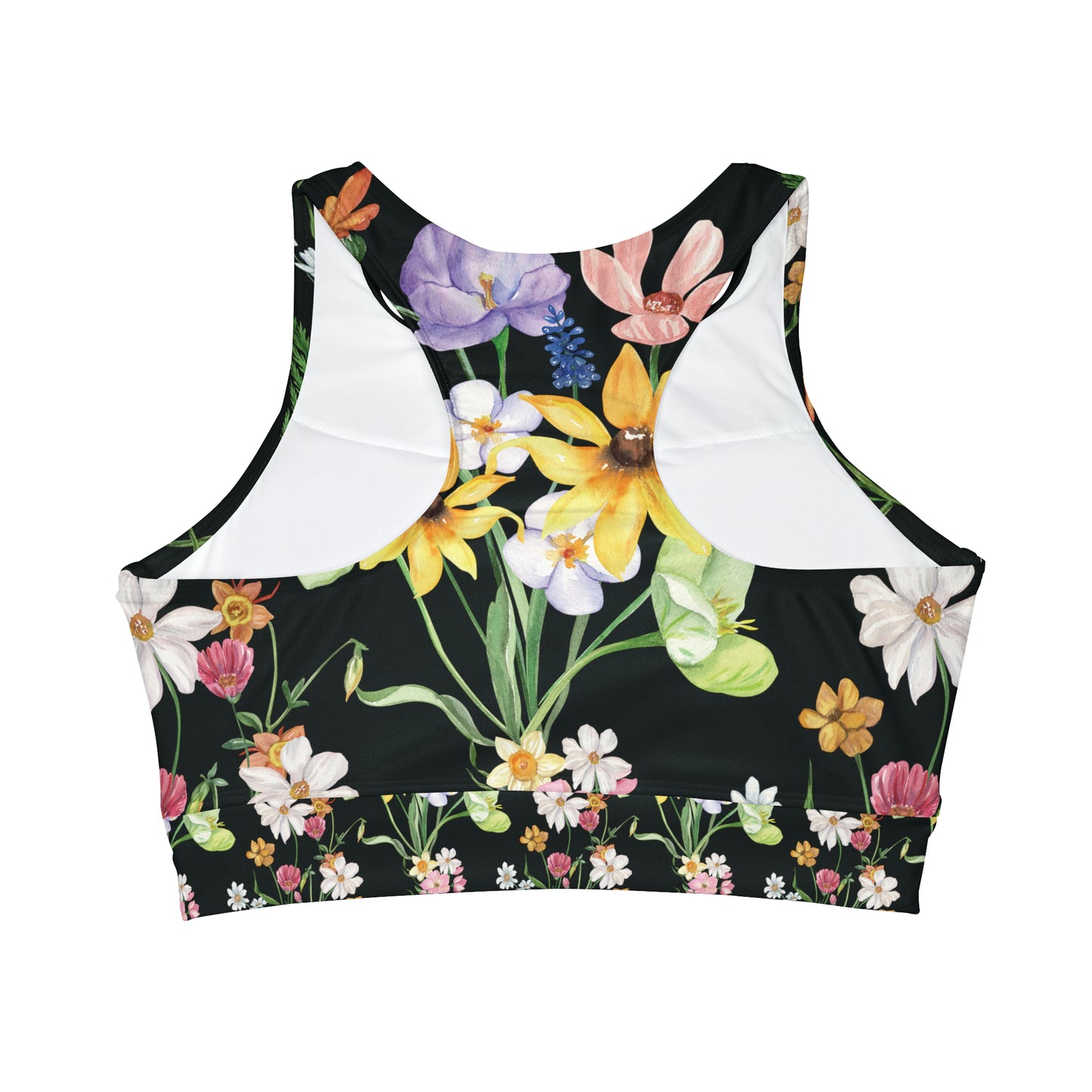 Yvonne Floral Pattern on Black High Neck Crop Waterproof Sports Top