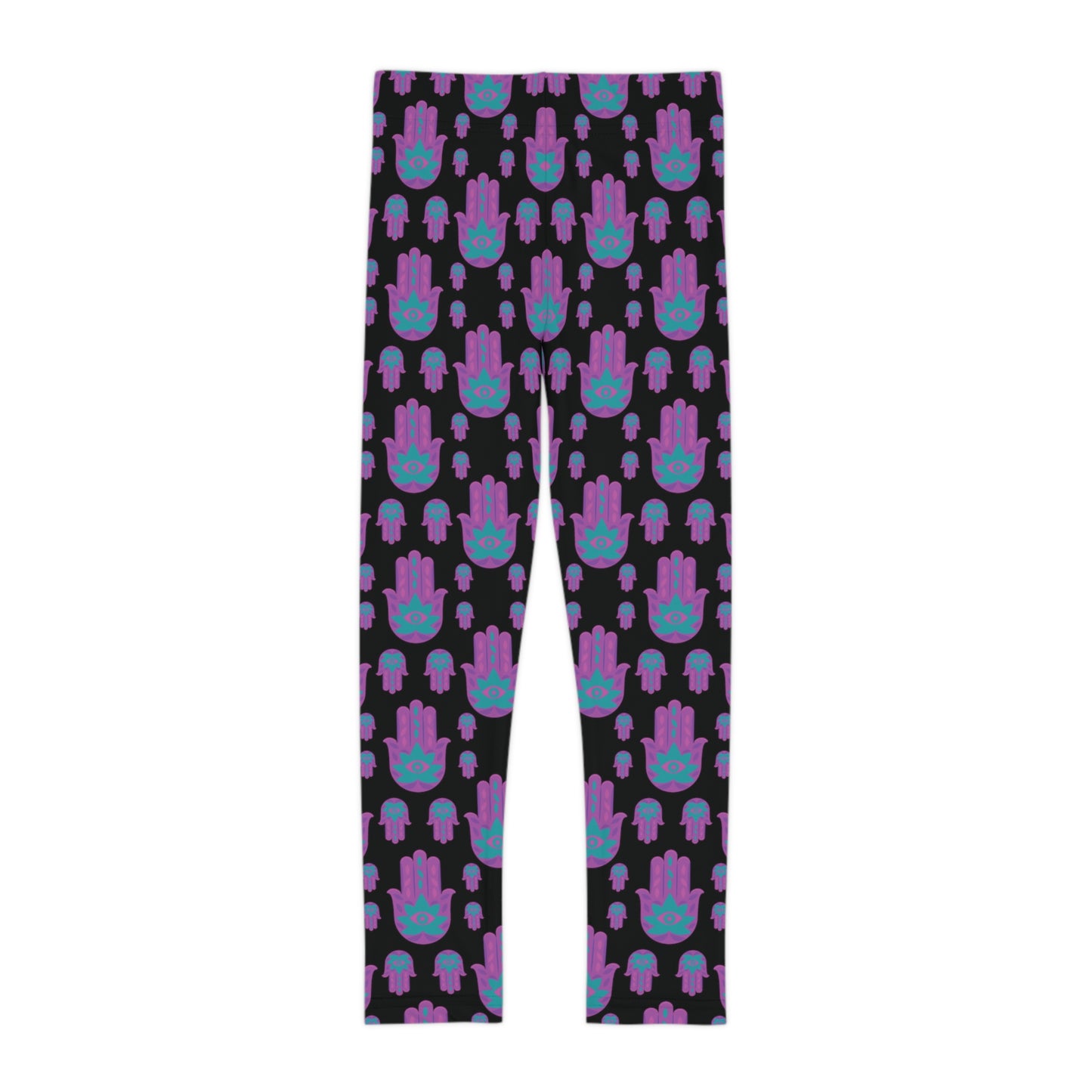 Hadas Bright Purple Hamsa Pattern on Black Kids Leggings