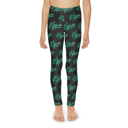 Batya Green Bat Mitzvah Pattern on Black Youth Full-Length Leggings