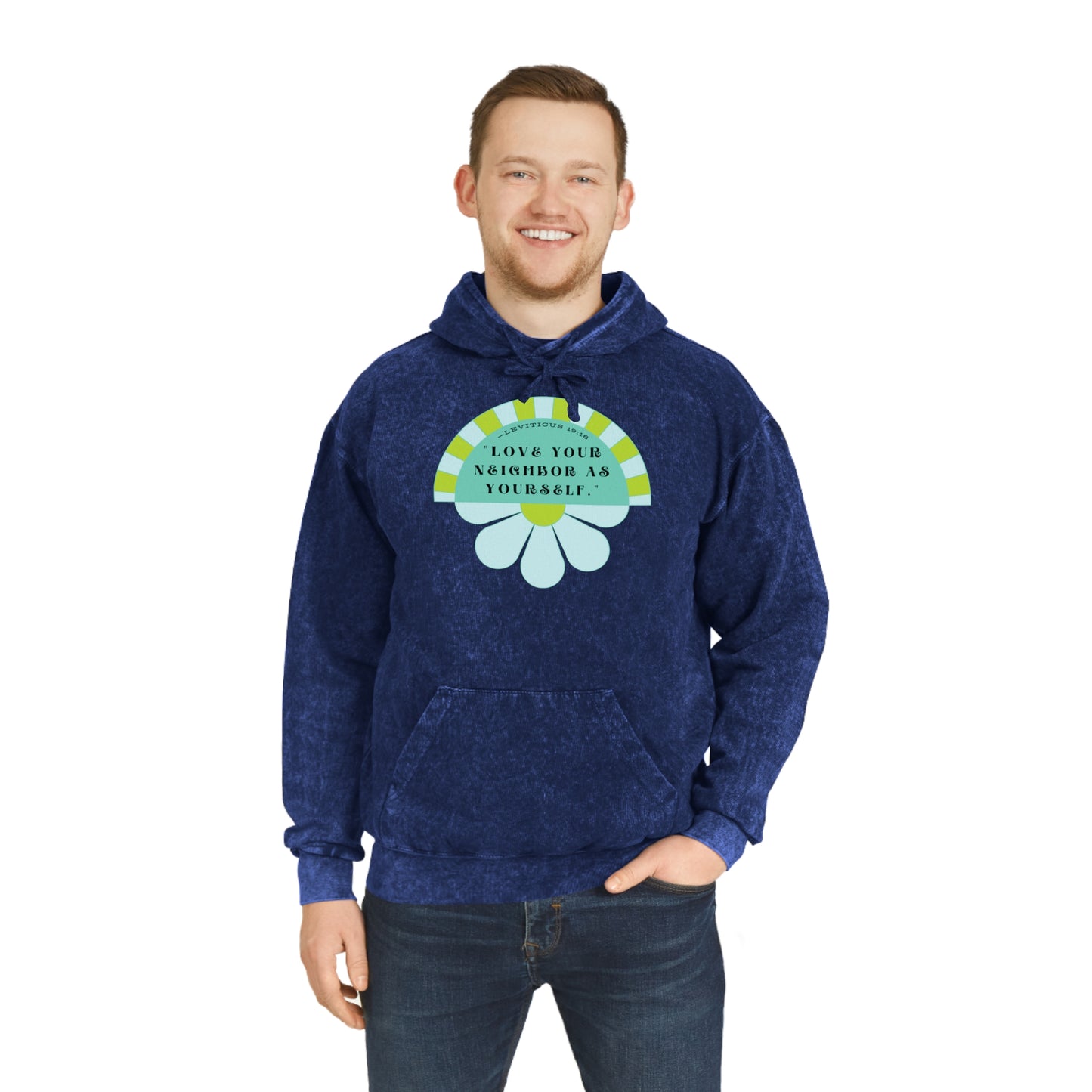 Blue & Neon Green Love Your Neighbor Unisex Mineral Wash Hoodie