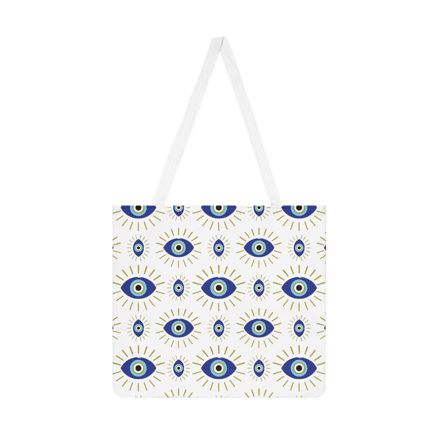 Eva Blue & Olive Evil Eye Pattern on White Shoulder Tote Bag