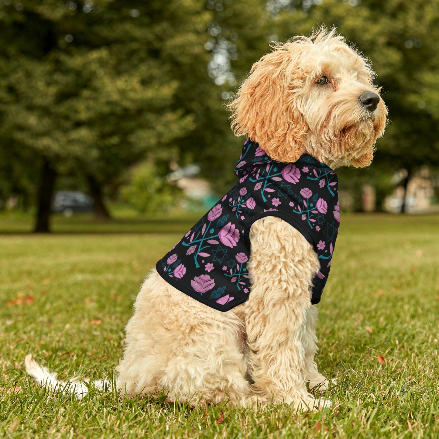 Beth Pink & Blue Pattern on Black Pet Hoodie