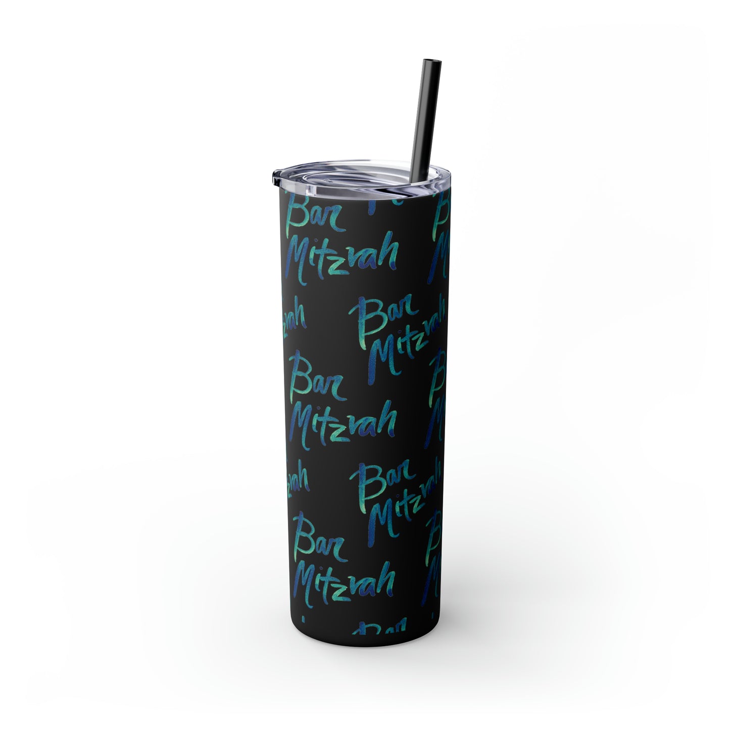 Ben Turquoise & Green Ombre Bar Mitzvah Pattern Skinny Tumbler with Straw, 20oz