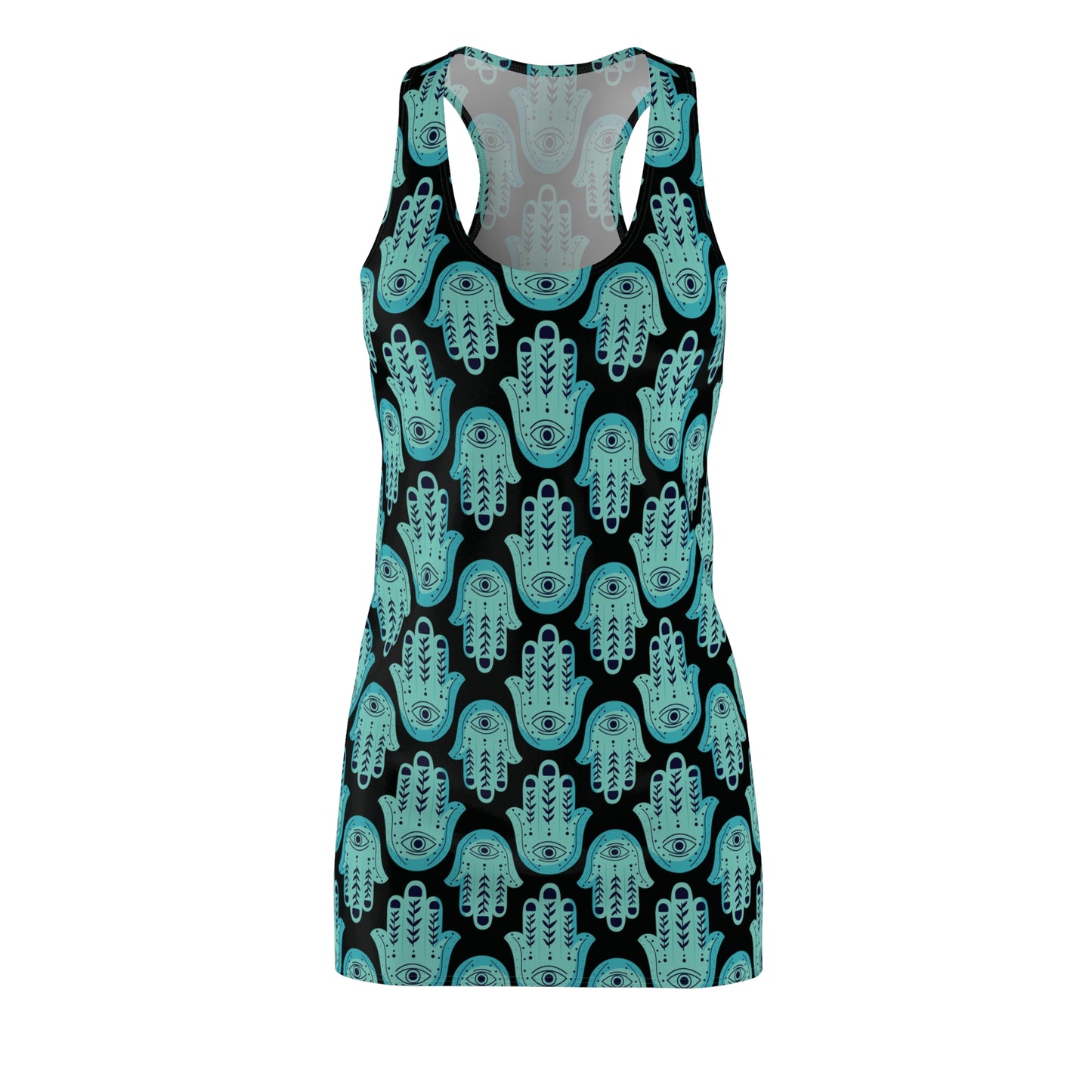 Hannah Bright Turquoise Hamsa Pattern Women's Cut & Sew Racerback Dress