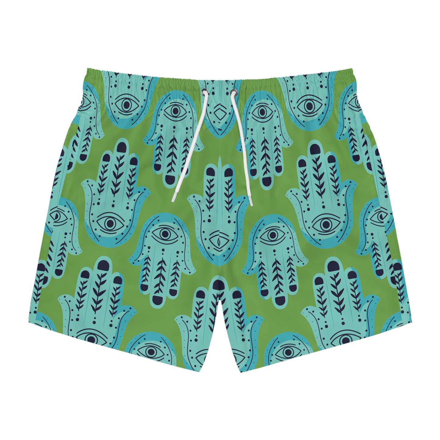 Hannah Bright Turquoise Hamsa Pattern on Apple Green Swim Trunks