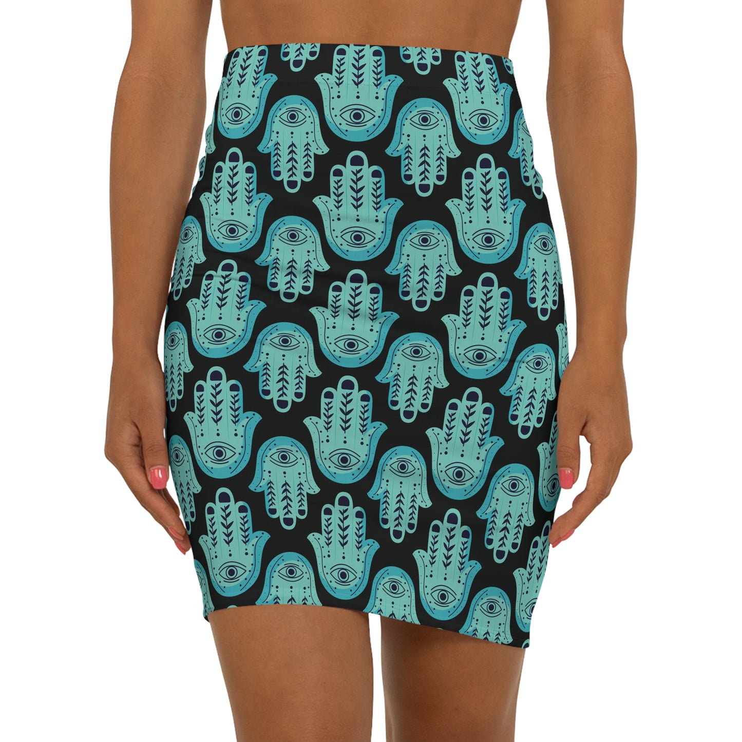 Hannah Bright Turquoise Small Hamsa Pattern Women's Mid-Waist Pencil Skirt