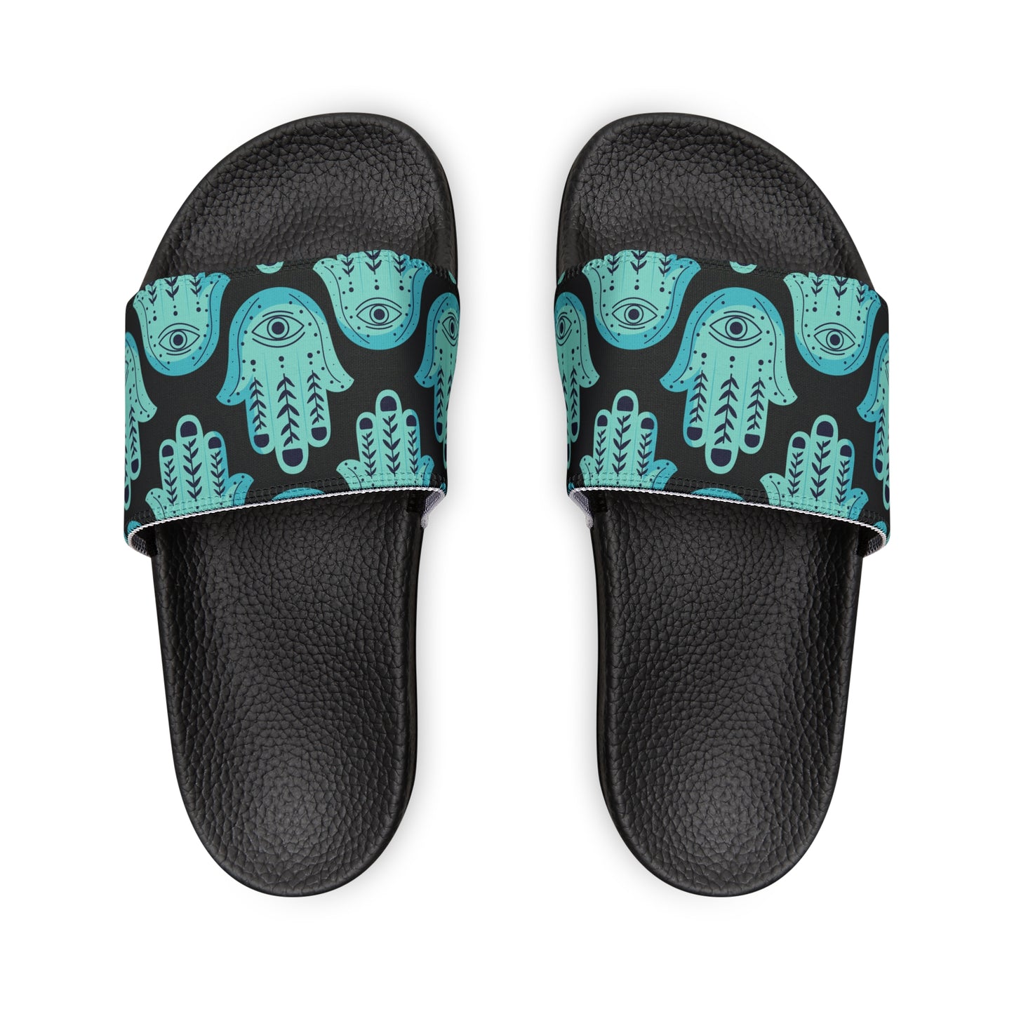 Hannah Bright Turquoise Hamsa Pattern on Black Youth PU Slide Sandals