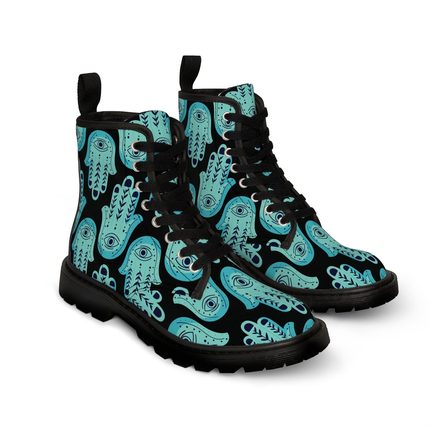 Hannah Bright Turquoise Hamsa Pattern on Black Women's Canvas Boots