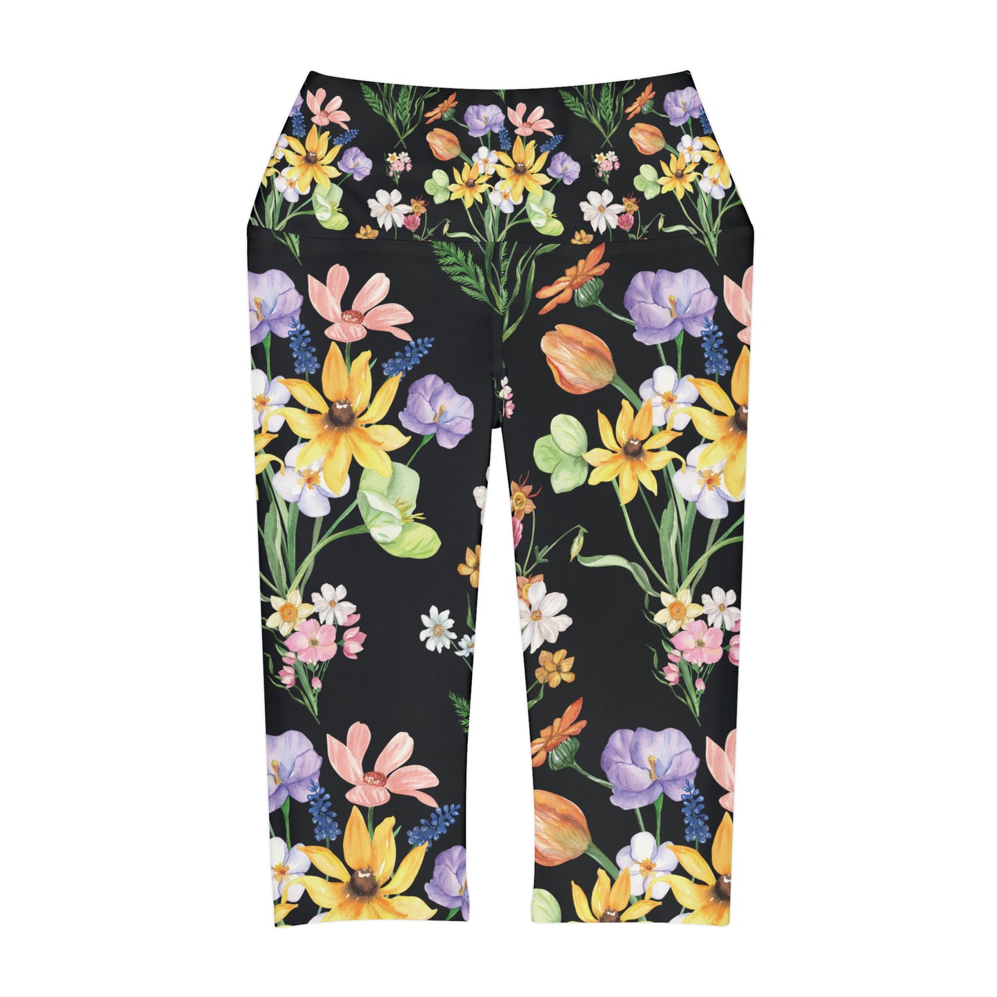 Yvonne Floral Pattern on Black Yoga Capri Leggings