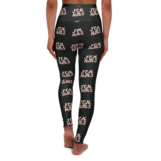 FCK HMS Script Tan & Orange on Black High Waisted Yoga Leggings