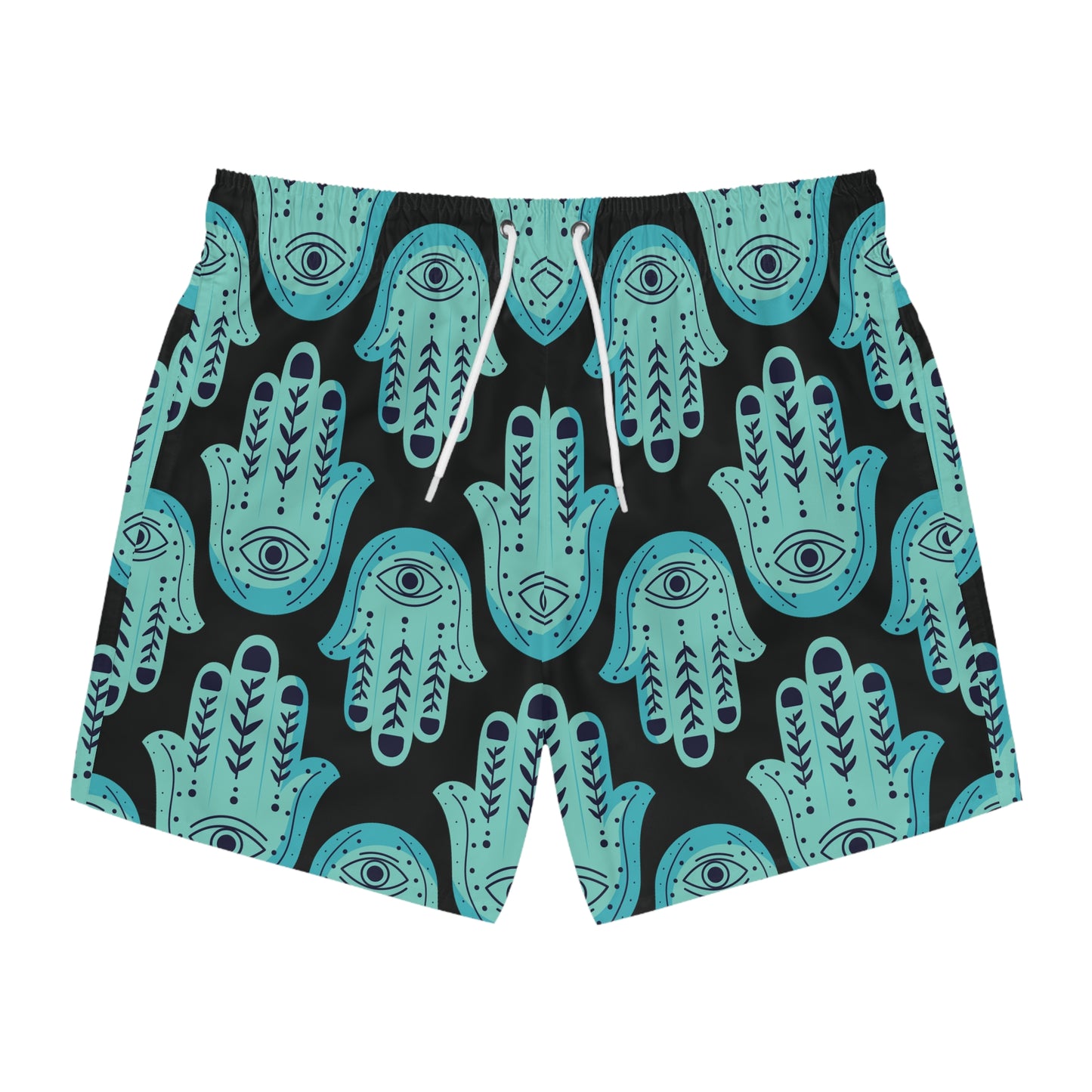 Hannah Bright Turquoise Hamsa Pattern on Black Swim Trunks