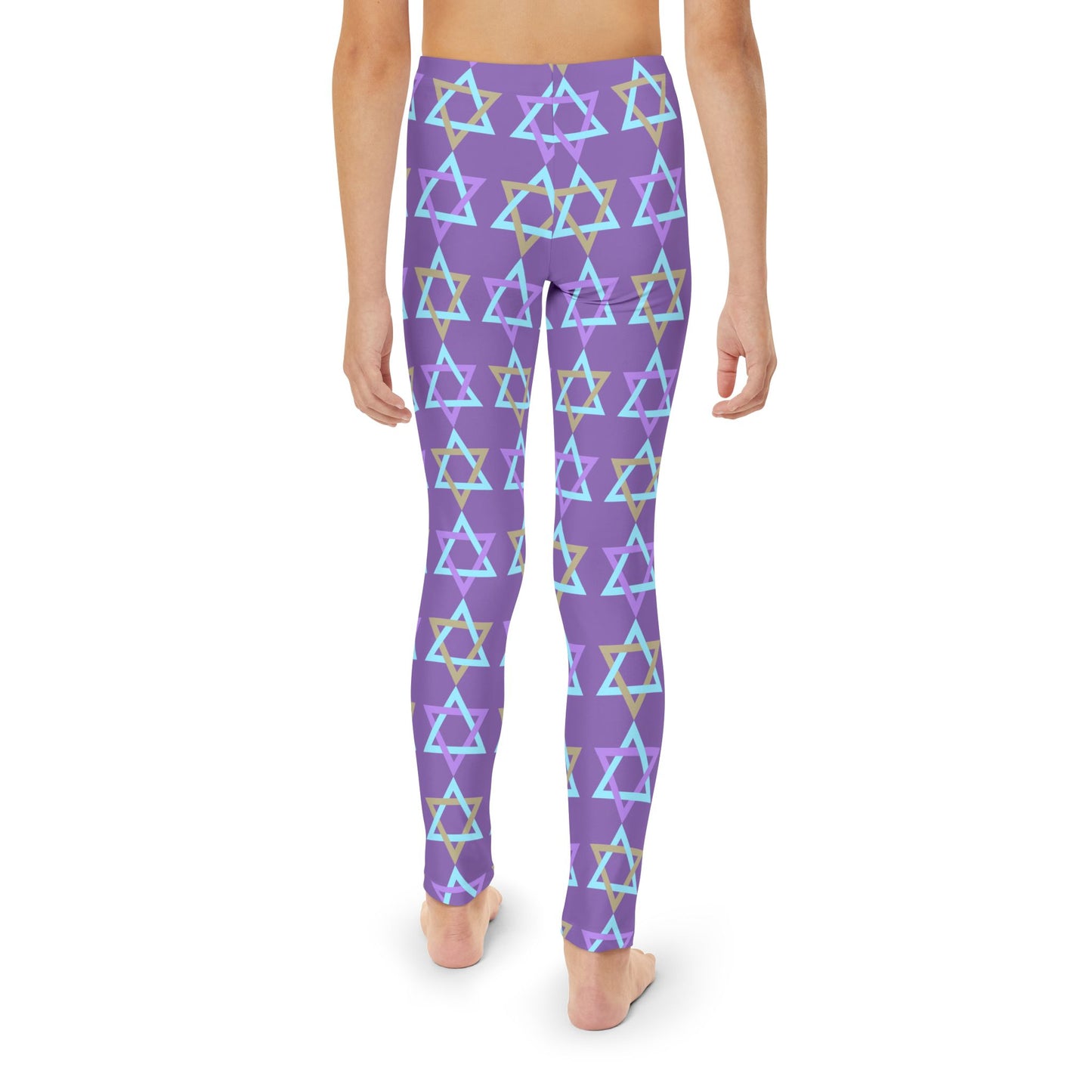 David Beige, Purple, & Light Blue Magan David Pattern on Purple Youth Full-Length Leggings