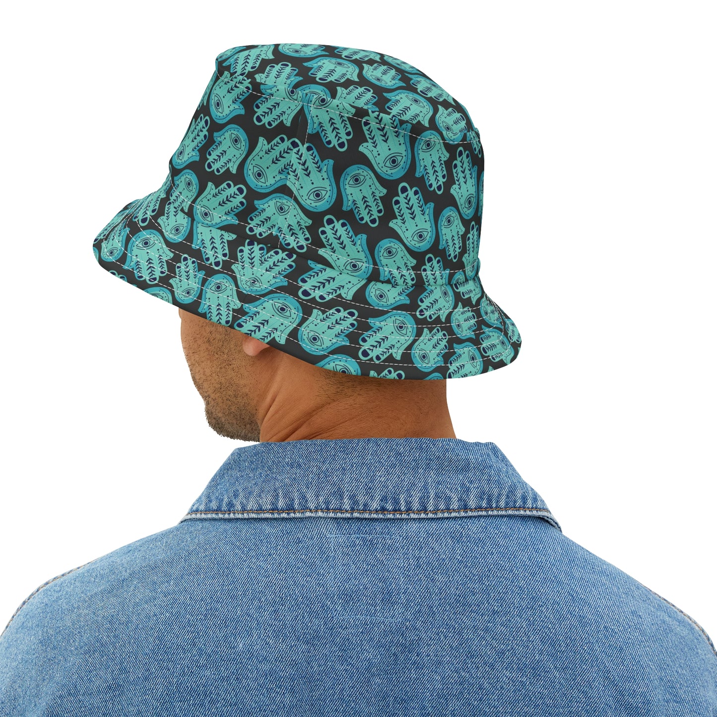 Hannah Bright Turquoise Hamsa Pattern Bucket Hat