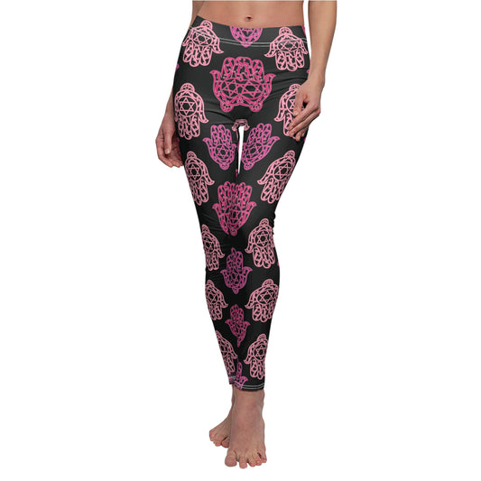 Hadar Pinks Hamsa Pattern on Black Women's Cut & Sew Casual Leggings